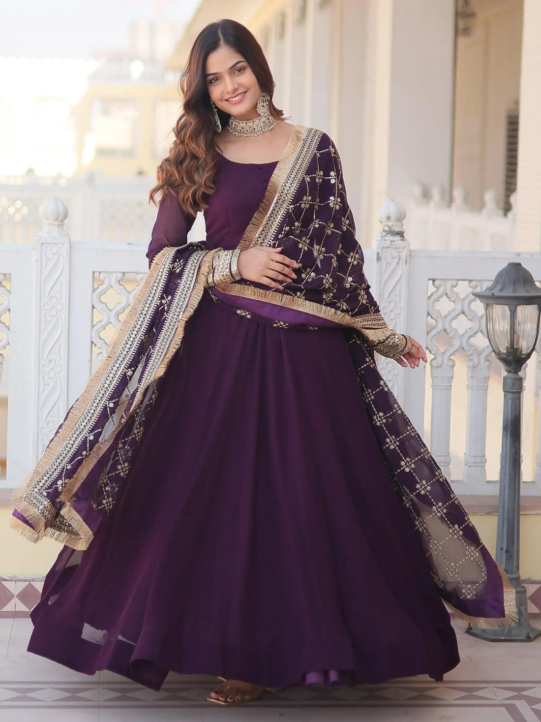 Dazzling Purple Georgette Engagement Wear Gown With Heavy Dupatta - Zeel Clothing