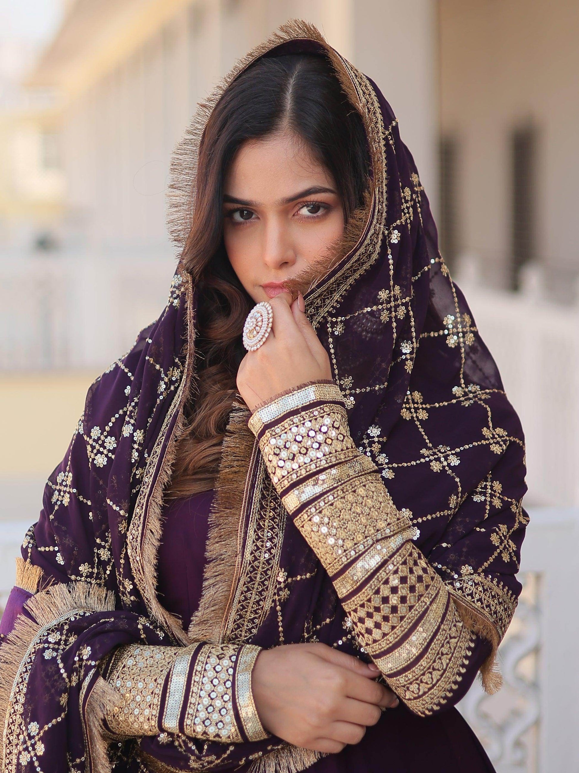 Dazzling Purple Georgette Engagement Wear Gown With Heavy Dupatta - Zeel Clothing