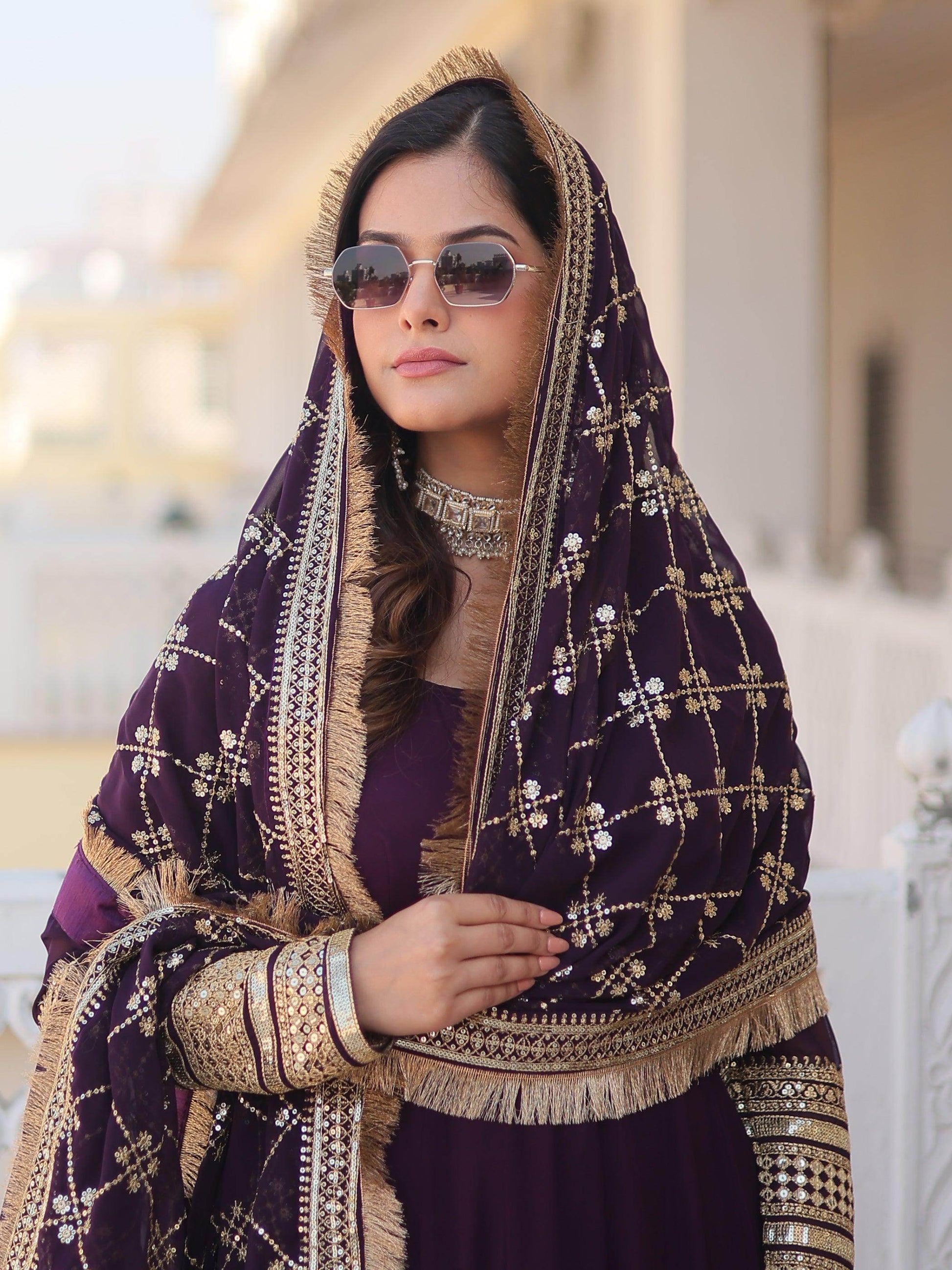 Dazzling Purple Georgette Engagement Wear Gown With Heavy Dupatta - Zeel Clothing