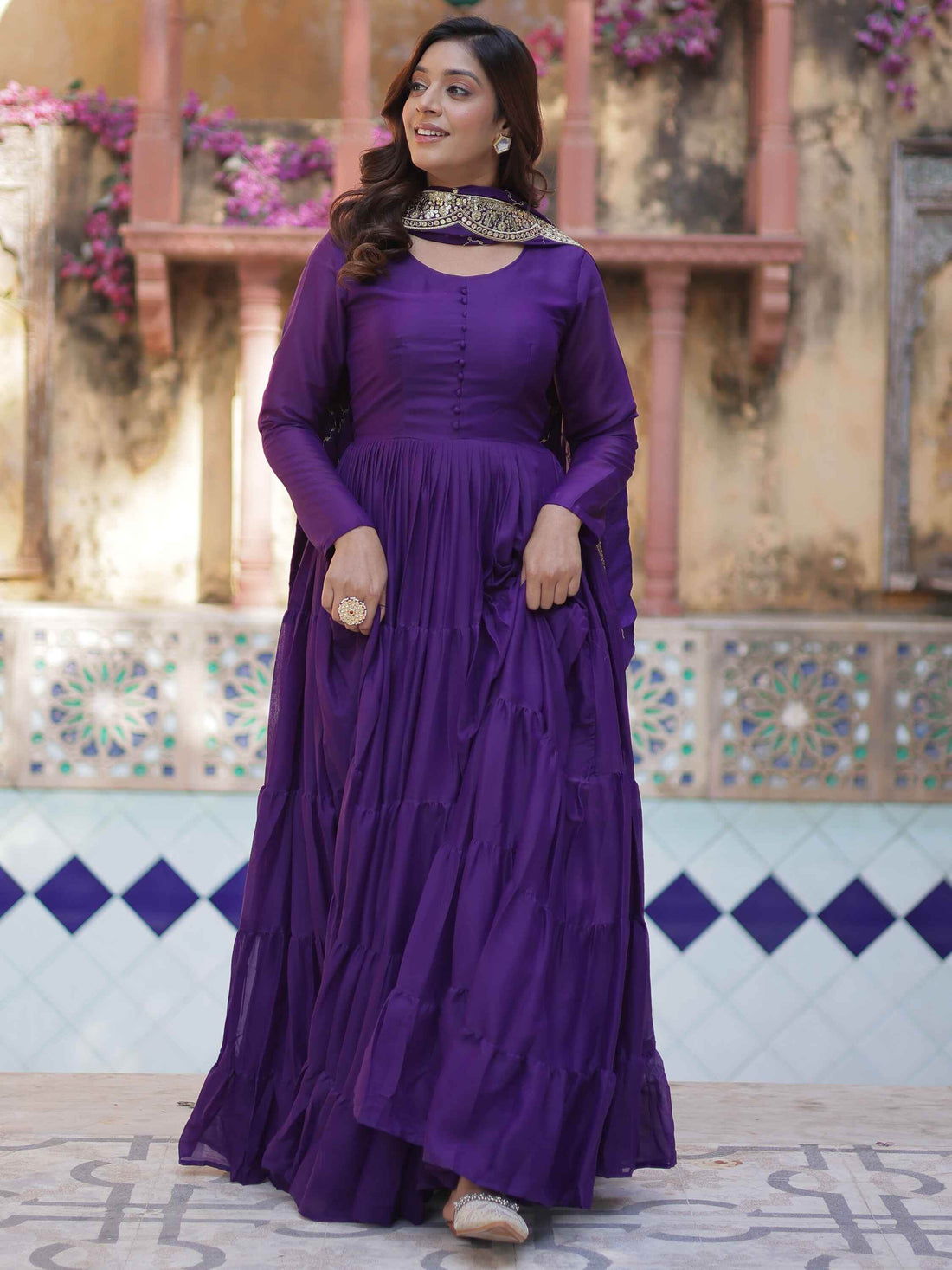 Dazzling Purple Georgette Reception Wear Gown With Dupatta - Zeel Clothing