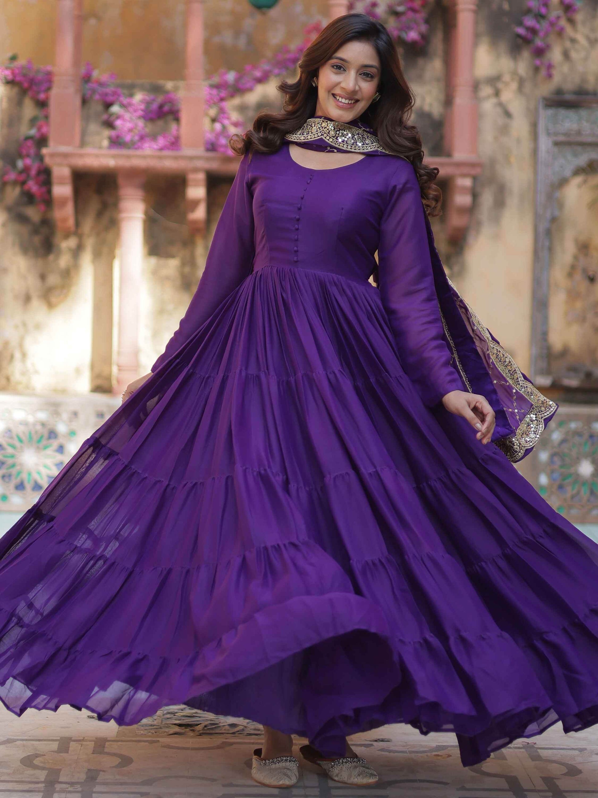 Dazzling Purple Georgette Reception Wear Gown With Dupatta - Zeel Clothing