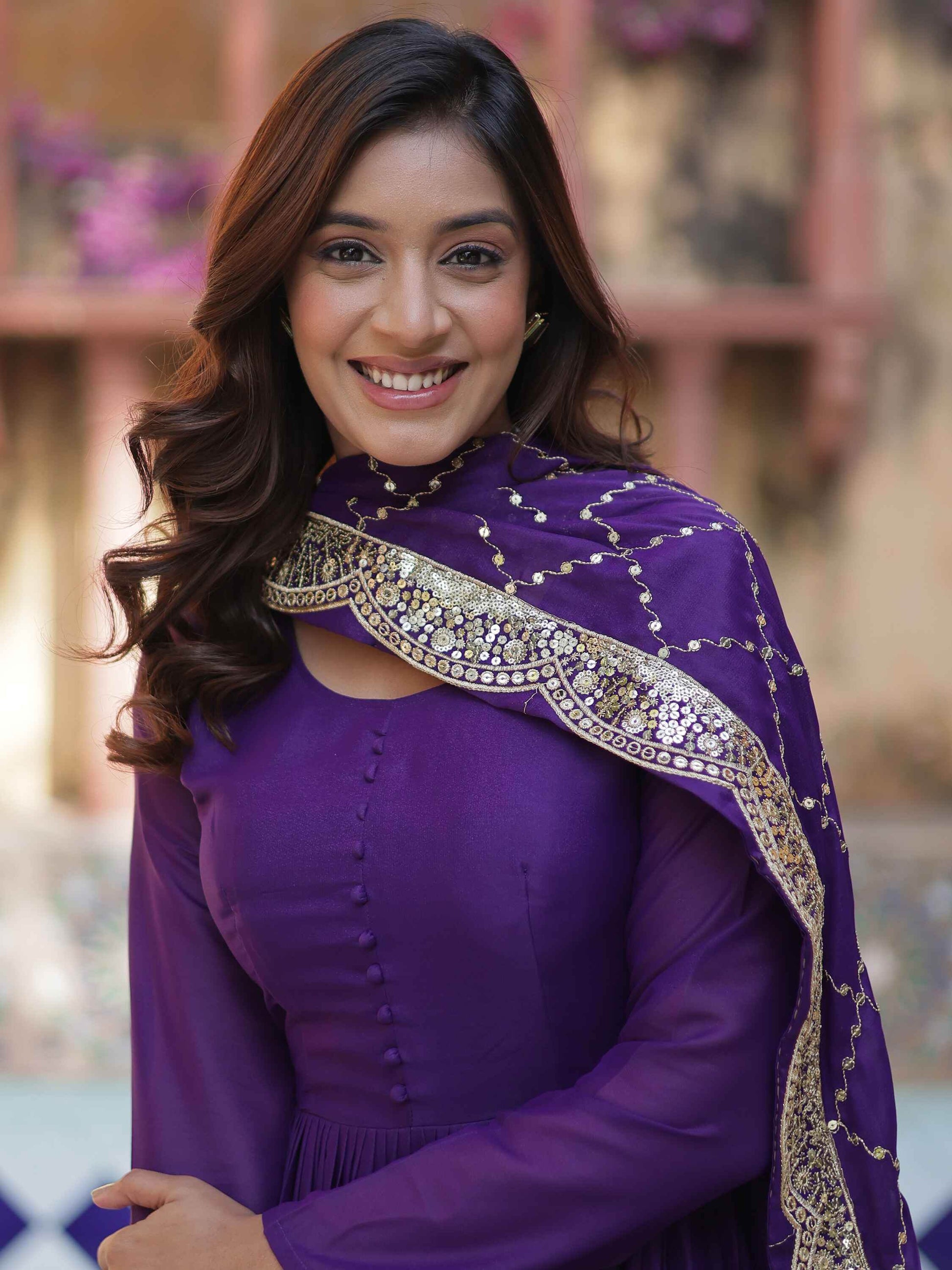 Dazzling Purple Georgette Reception Wear Gown With Dupatta - Zeel Clothing
