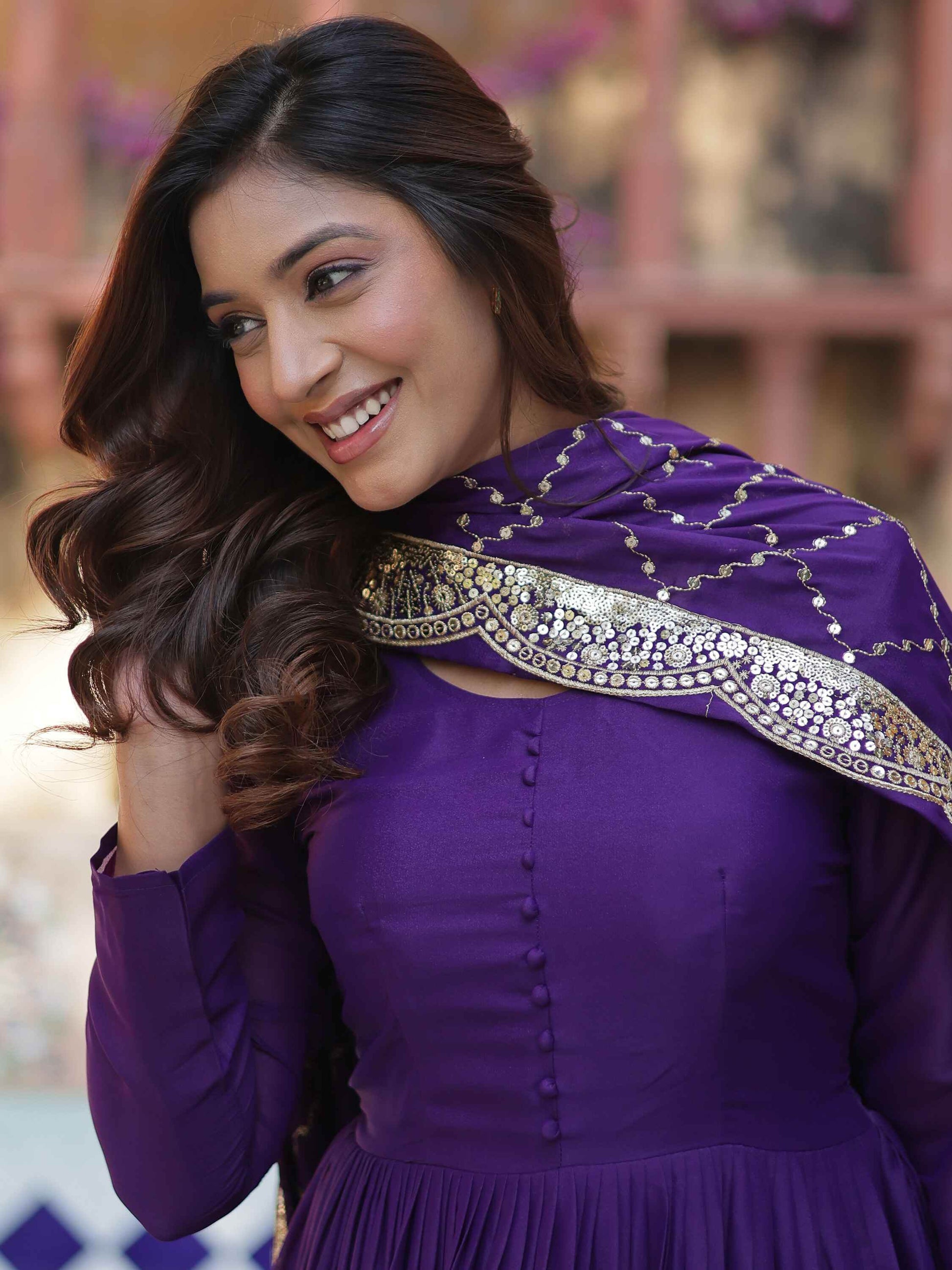 Dazzling Purple Georgette Reception Wear Gown With Dupatta - Zeel Clothing