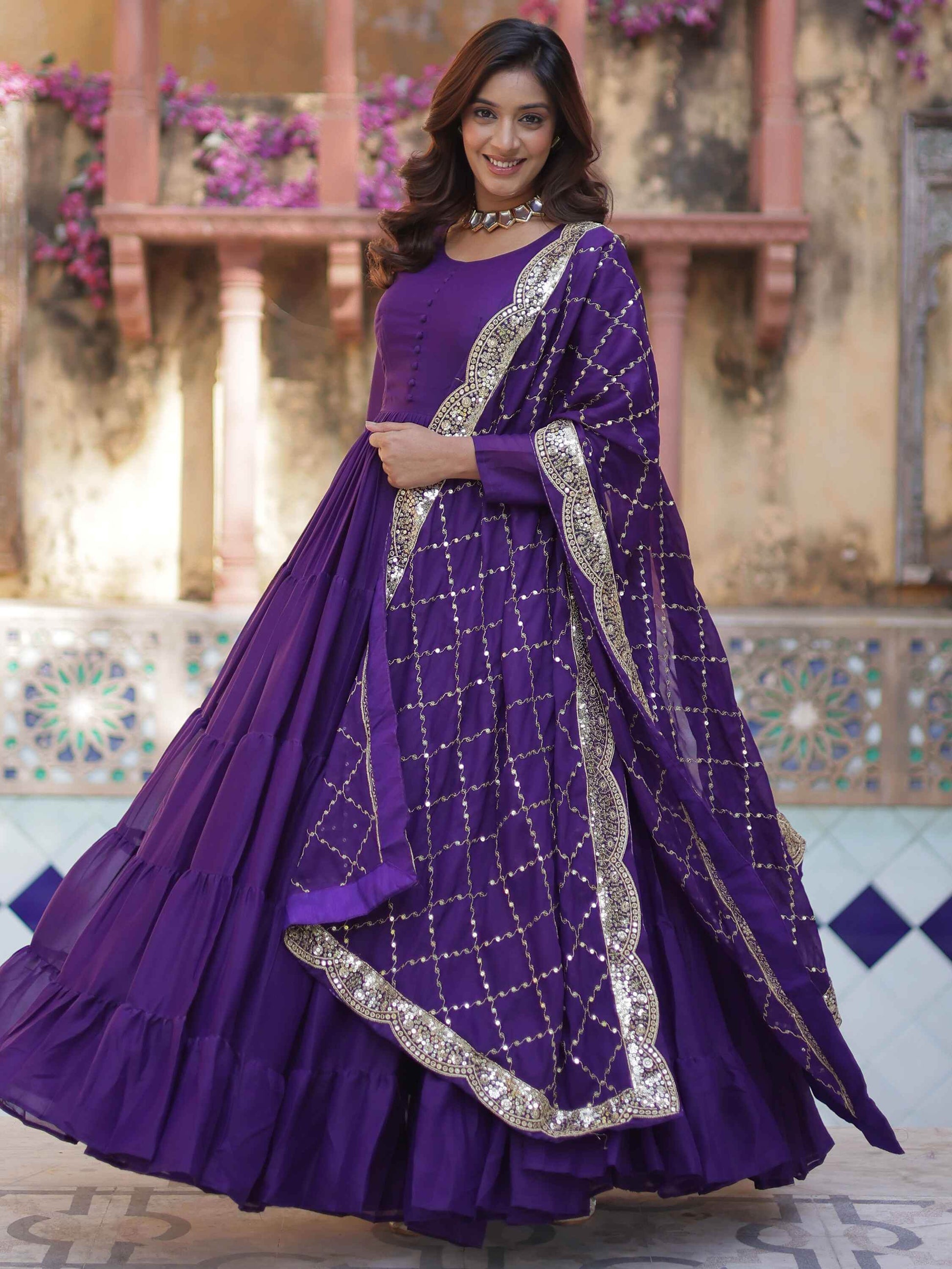 Dazzling Purple Georgette Reception Wear Gown With Dupatta - Zeel Clothing