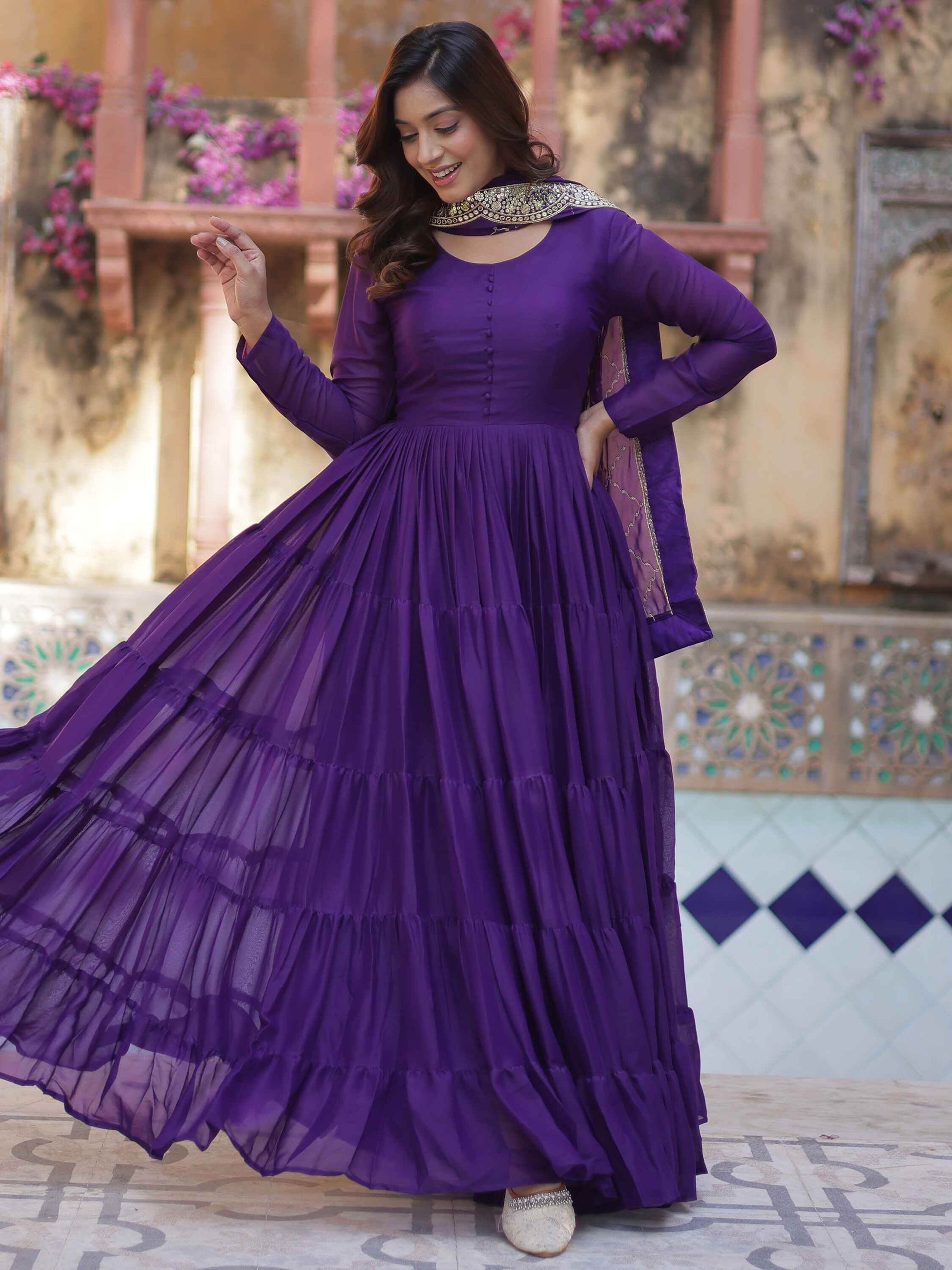Dazzling Purple Georgette Reception Wear Gown With Dupatta - Zeel Clothing