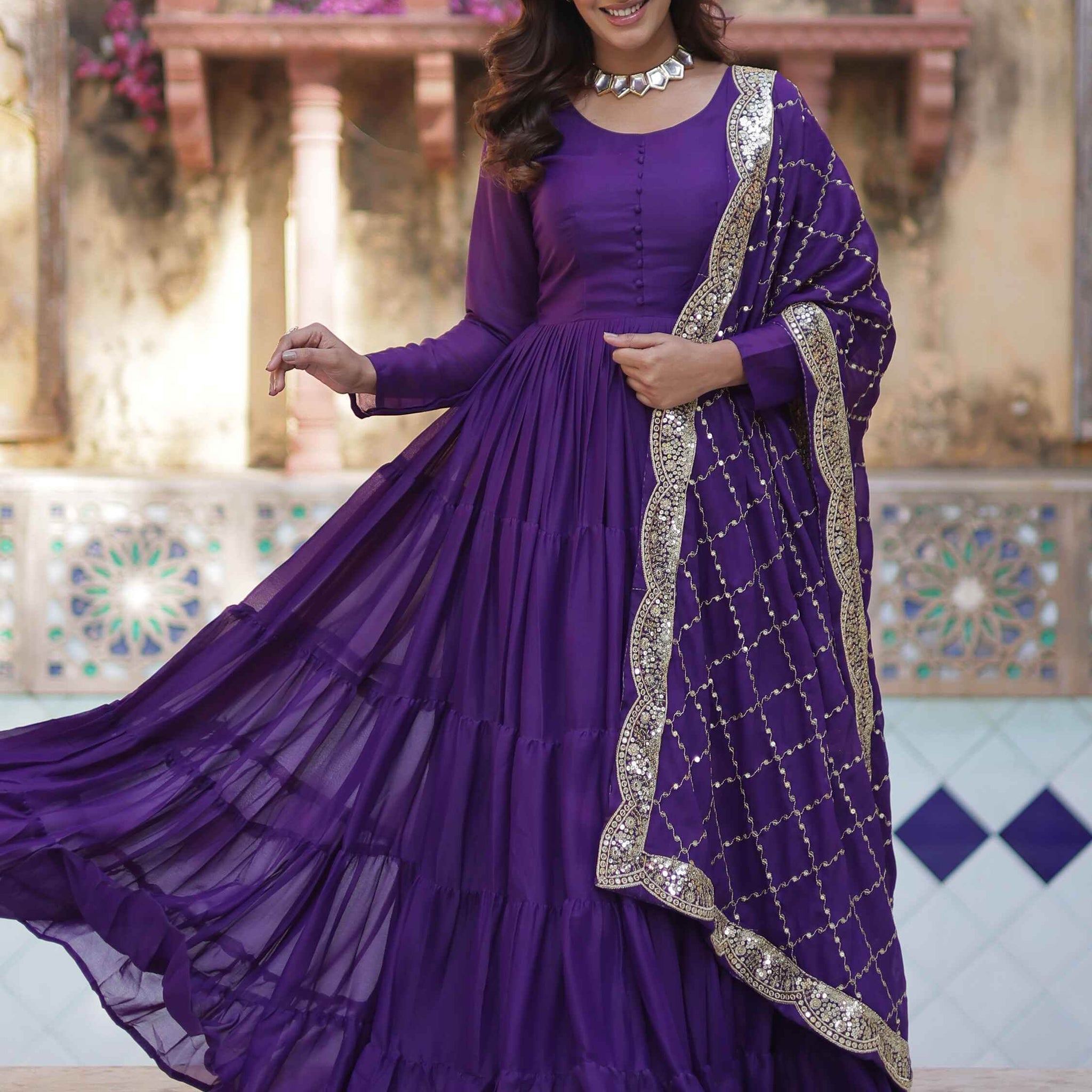 Dazzling Purple Georgette Reception Wear Gown With Dupatta - Zeel Clothing