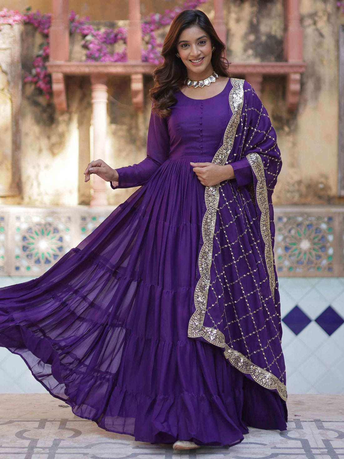Dazzling Purple Georgette Reception Wear Gown With Dupatta - Zeel Clothing