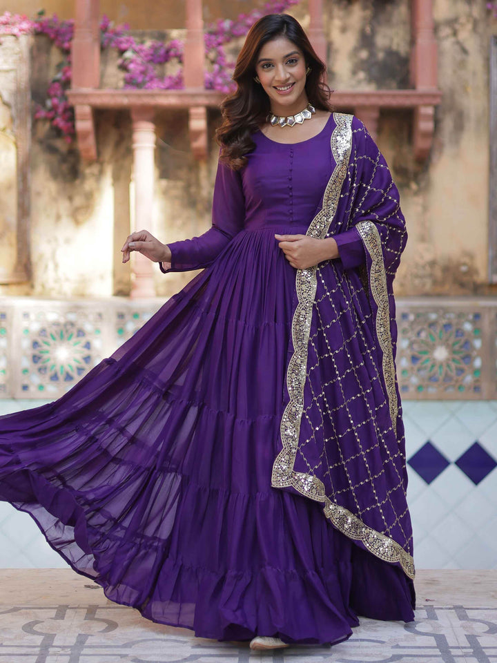 Dazzling Purple Georgette Reception Wear Gown With Dupatta - Zeel Clothing