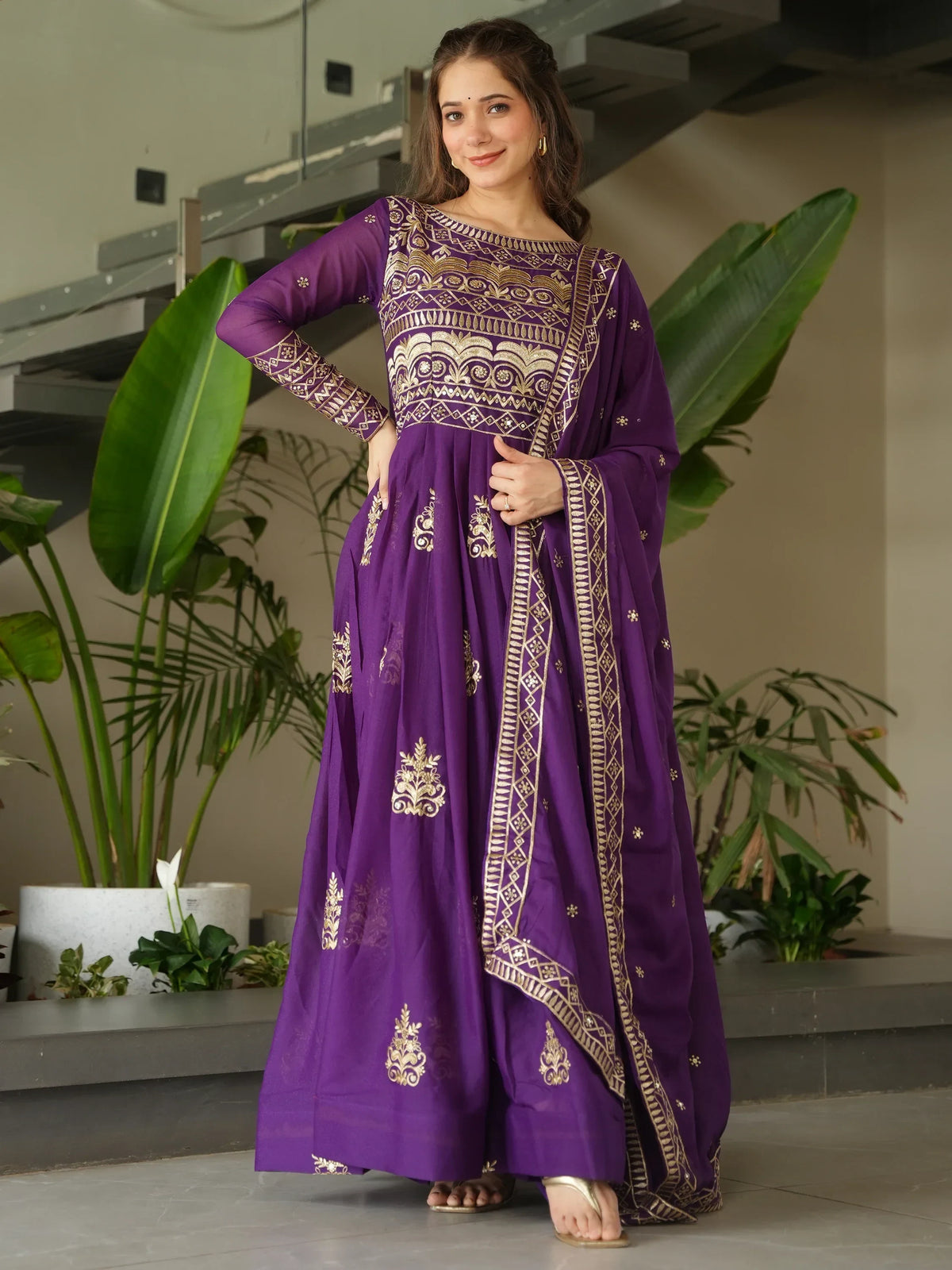 Dazzling Purple Sequins Chinon Engagement Wear Gown With Dupatta - Zeel Clothing