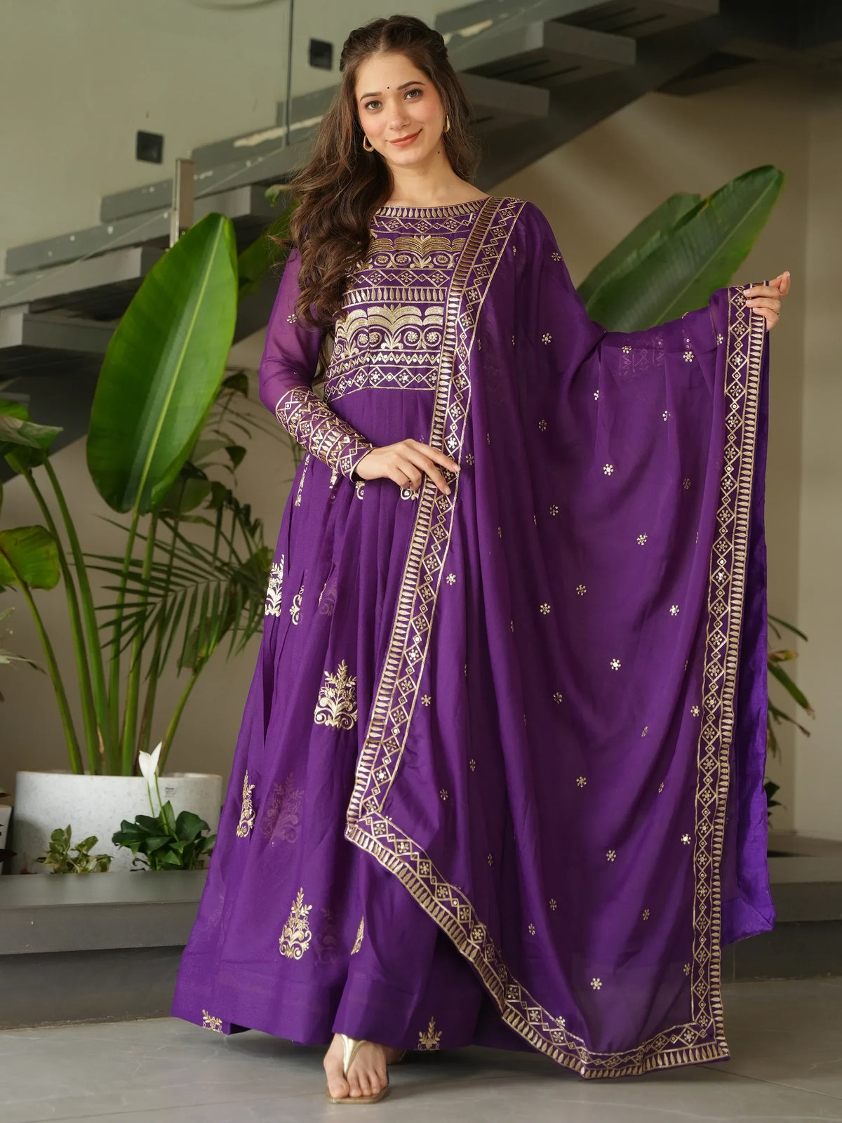 Dazzling Purple Sequins Chinon Engagement Wear Gown With Dupatta - Zeel Clothing