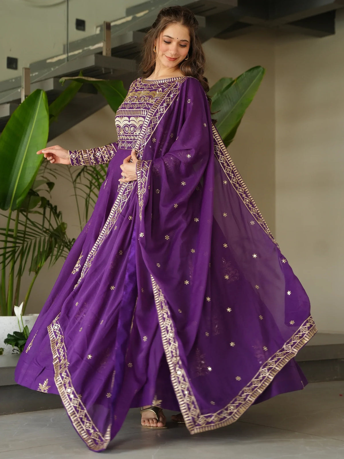 Dazzling Purple Sequins Chinon Engagement Wear Gown With Dupatta - Zeel Clothing