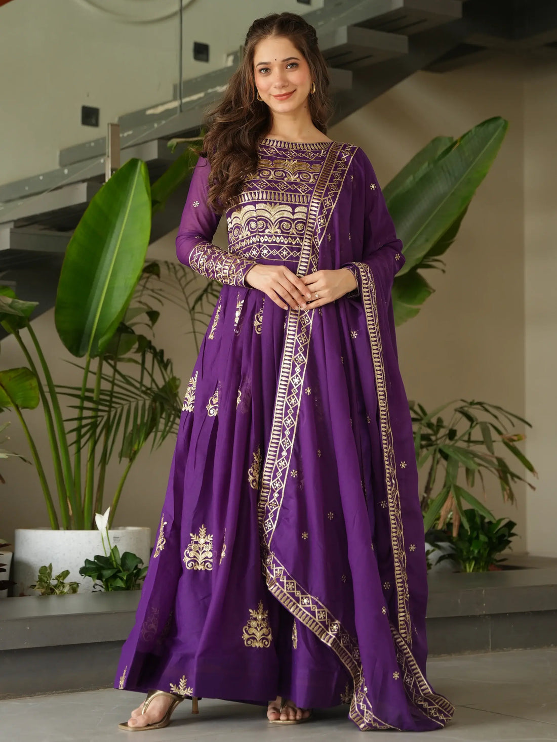 Dazzling Purple Sequins Chinon Engagement Wear Gown With Dupatta - Zeel Clothing
