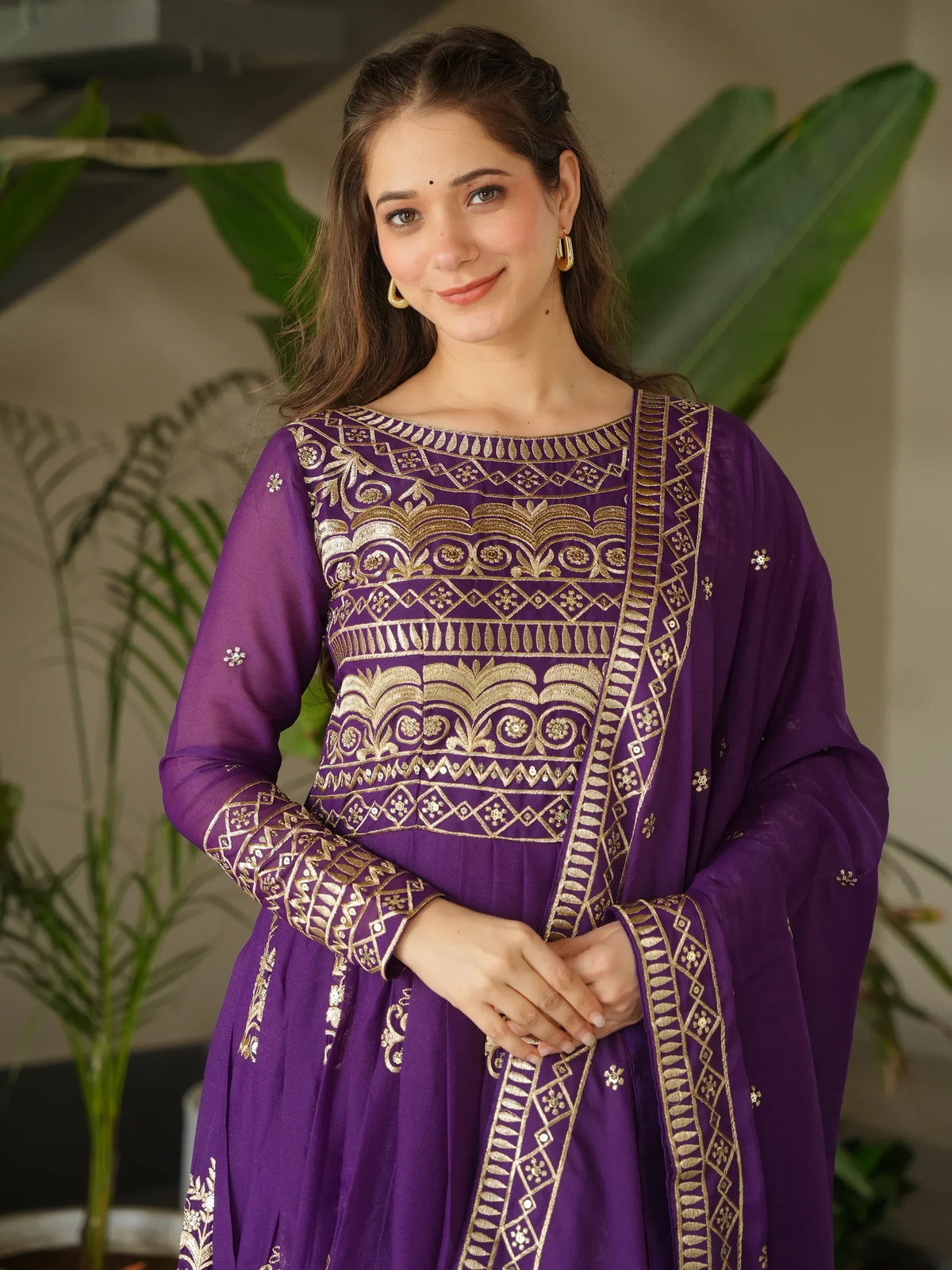 Dazzling Purple Sequins Chinon Engagement Wear Gown With Dupatta - Zeel Clothing