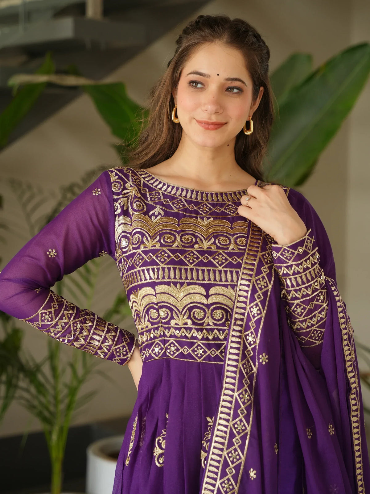 Dazzling Purple Sequins Chinon Engagement Wear Gown With Dupatta - Zeel Clothing