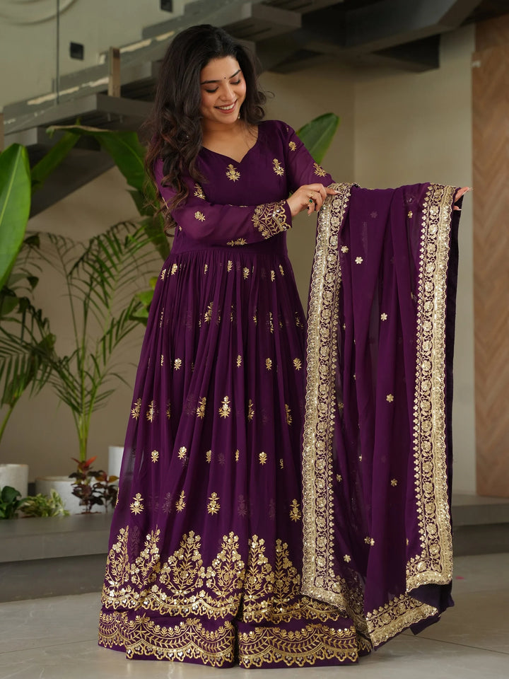 Dazzling Purple Sequins Georgette Function Wear Gown With Dupatta