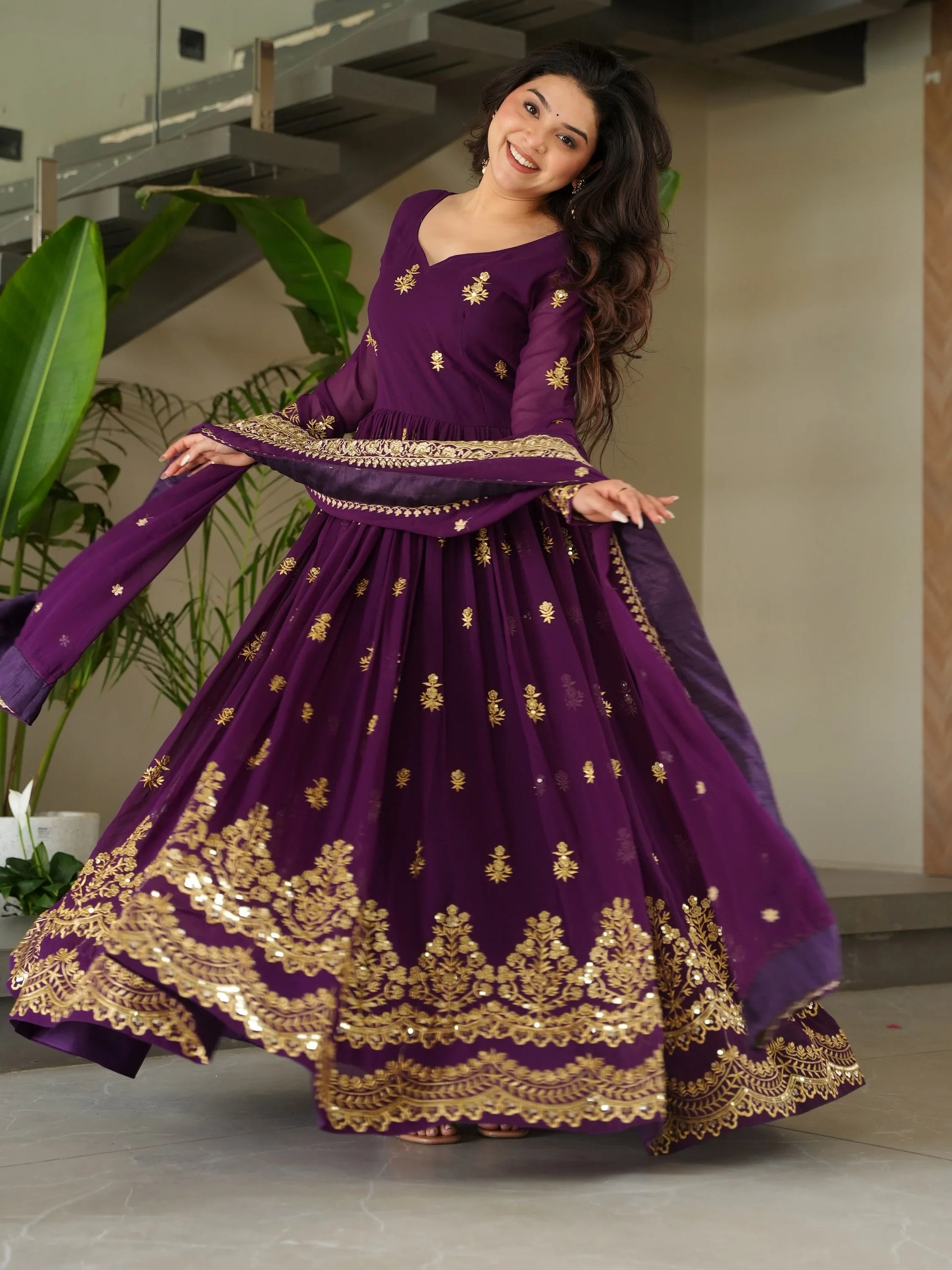 Dazzling Purple Sequins Georgette Function Wear Gown With Dupatta