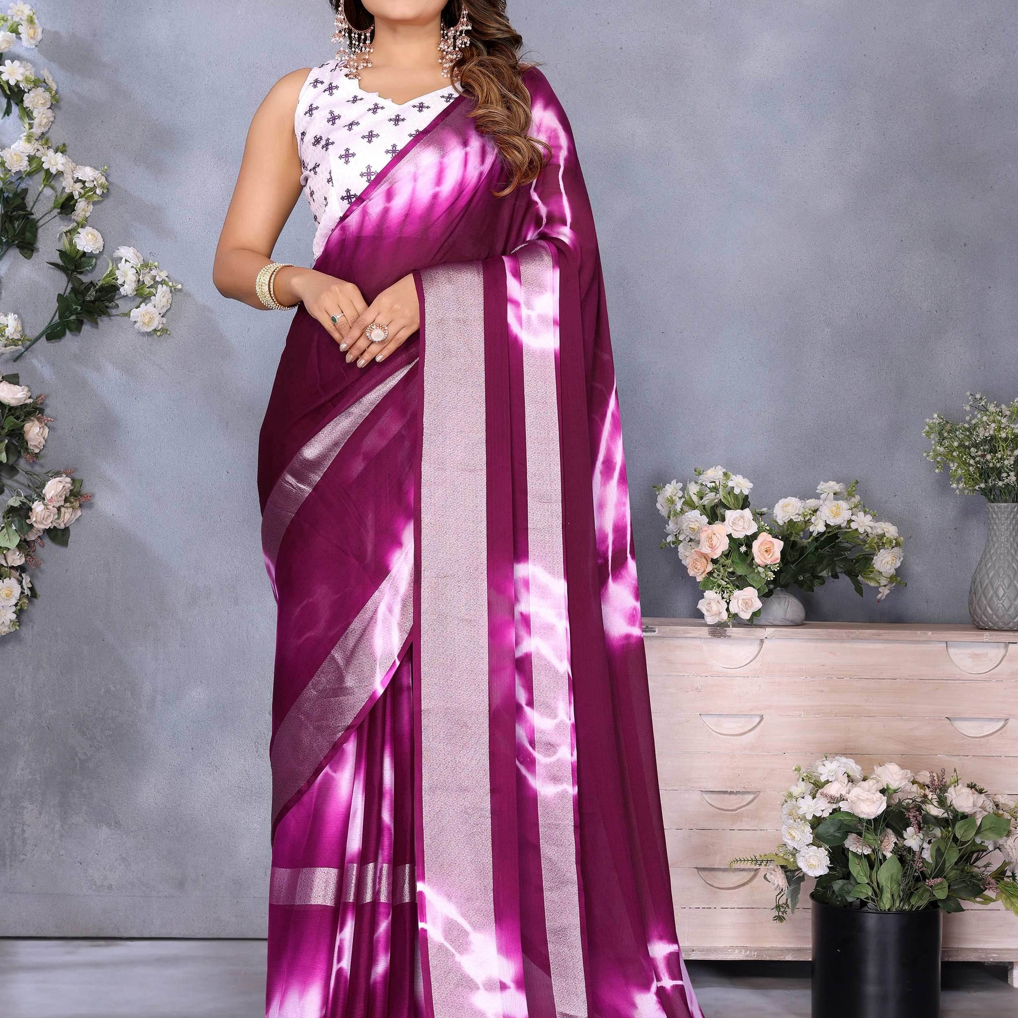 Dazzling Purple Shibori Printed Chiffon Festive Wear Saree With Blouse - Zeel Clothing