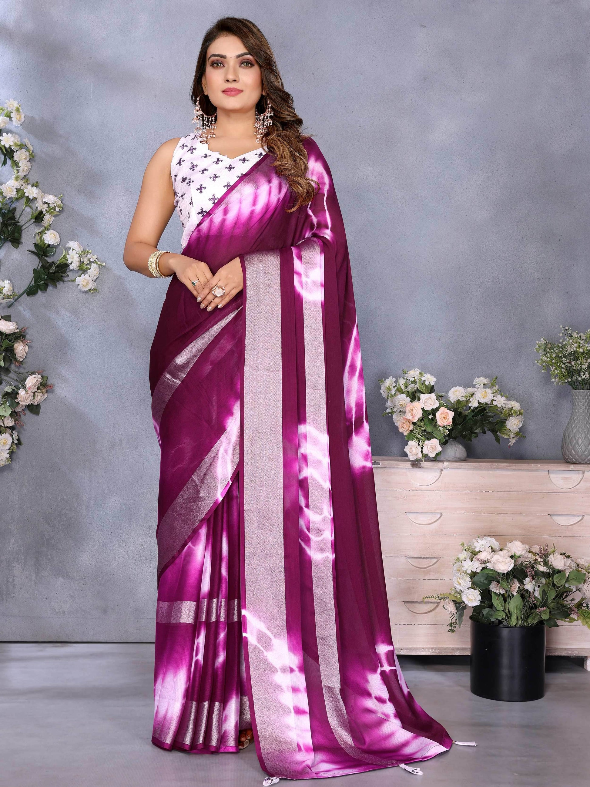 Dazzling Purple Shibori Printed Chiffon Festive Wear Saree With Blouse - Zeel Clothing