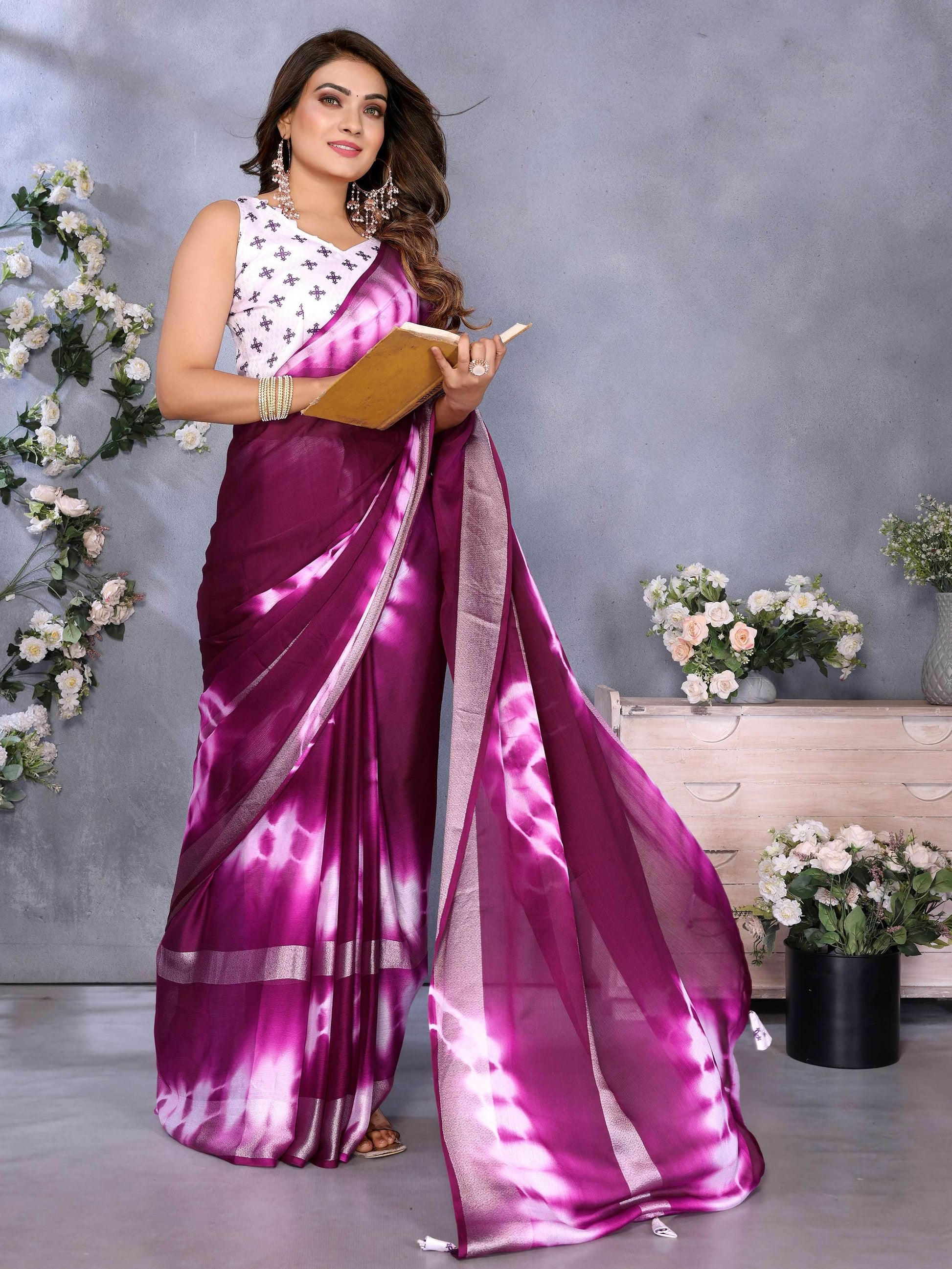 Dazzling Purple Shibori Printed Chiffon Festive Wear Saree With Blouse - Zeel Clothing