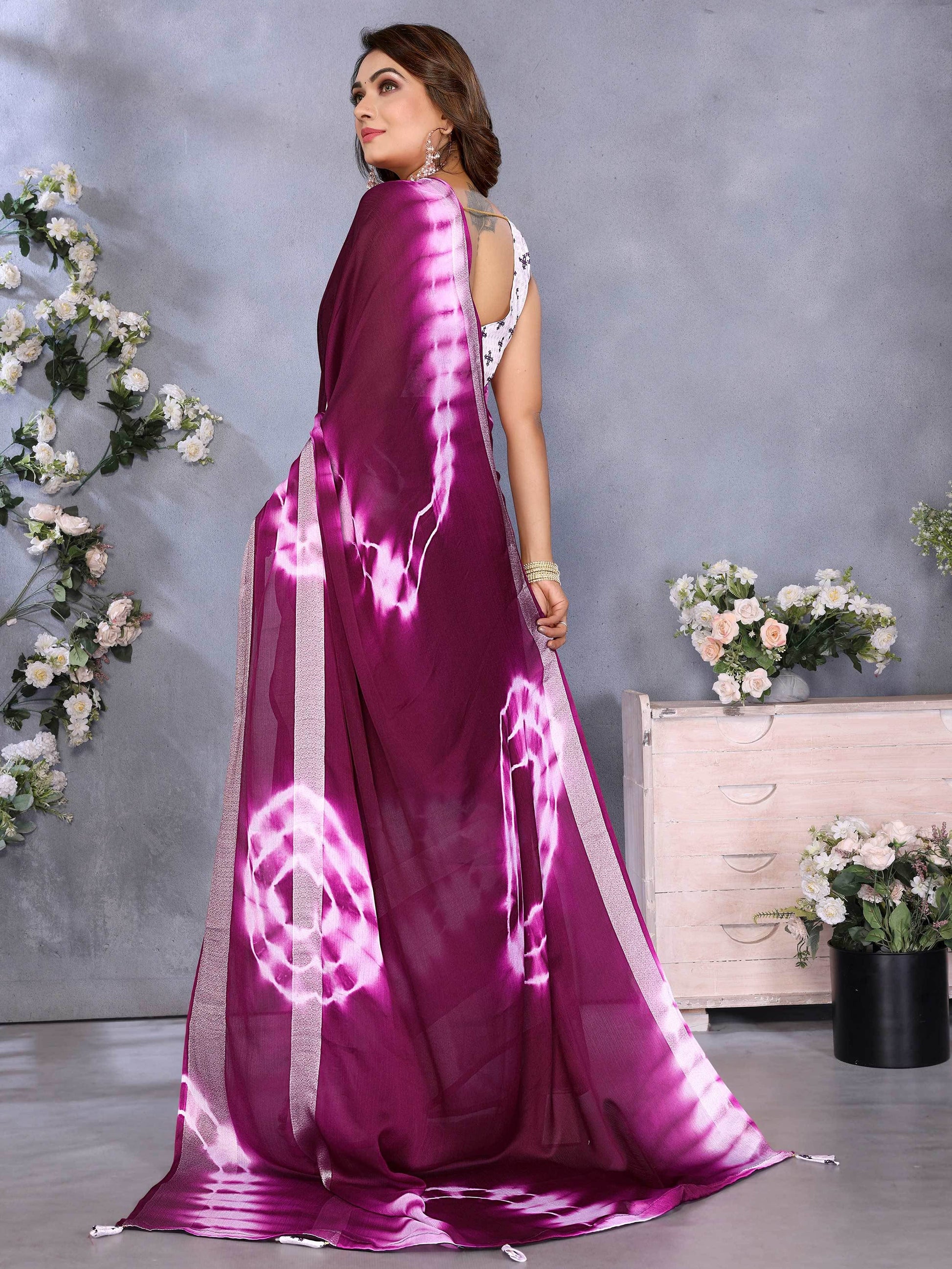 Dazzling Purple Shibori Printed Chiffon Festive Wear Saree With Blouse - Zeel Clothing