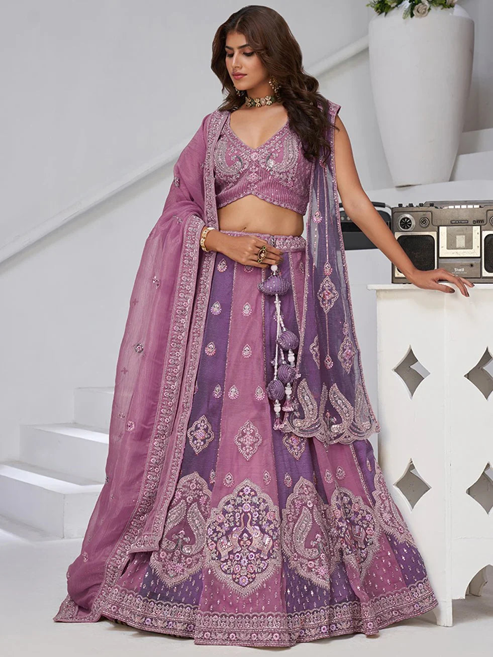 Dazzling Purple Thread Work Tissue Reception Wear Lehenga Choli With Dupatta
