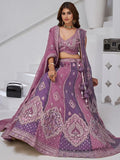 Dazzling Purple Thread Work Tissue Reception Wear Lehenga Choli With Dupatta