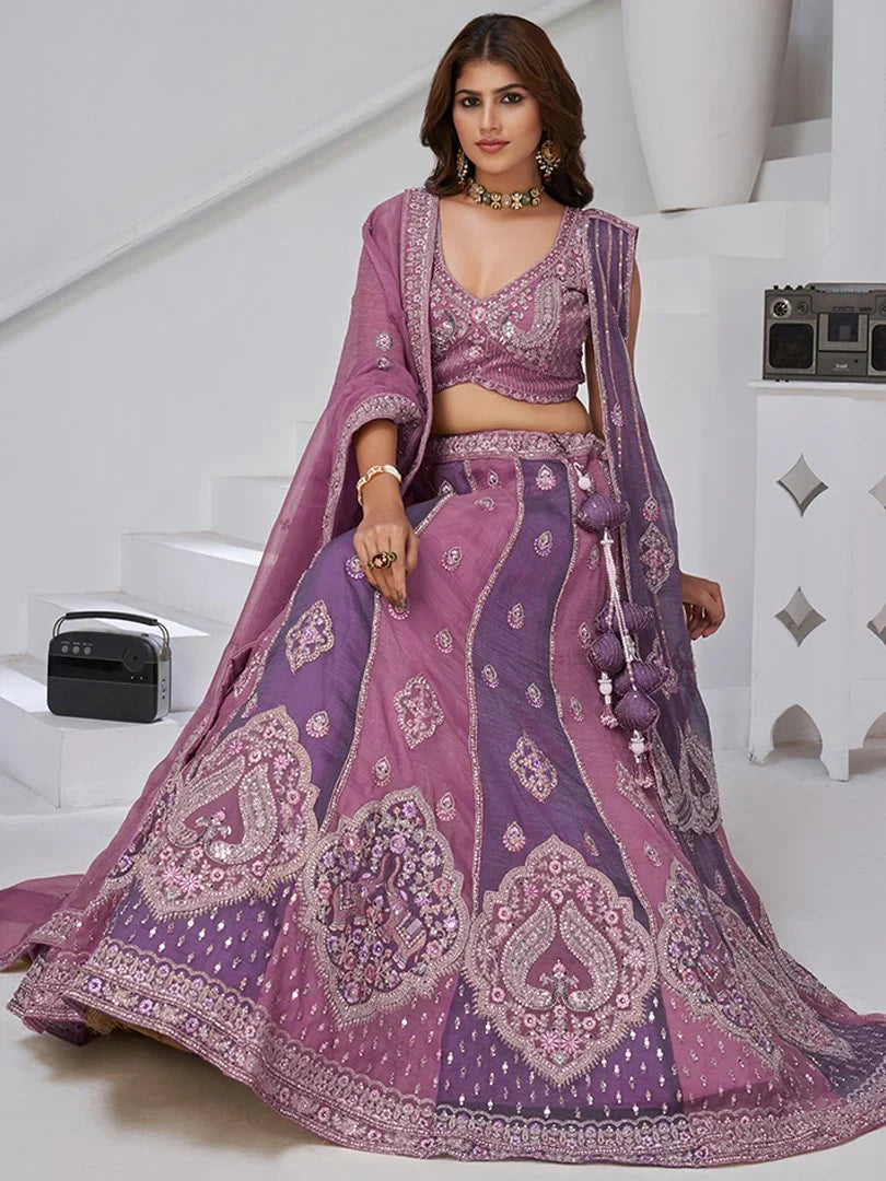 Dazzling Purple Thread Work Tissue Reception Wear Lehenga Choli With Dupatta