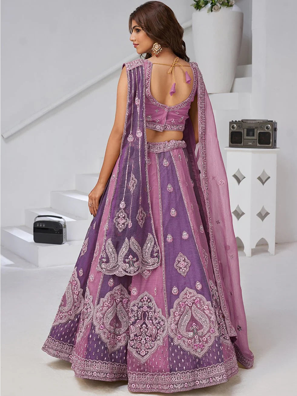 Dazzling Purple Thread Work Tissue Reception Wear Lehenga Choli With Dupatta