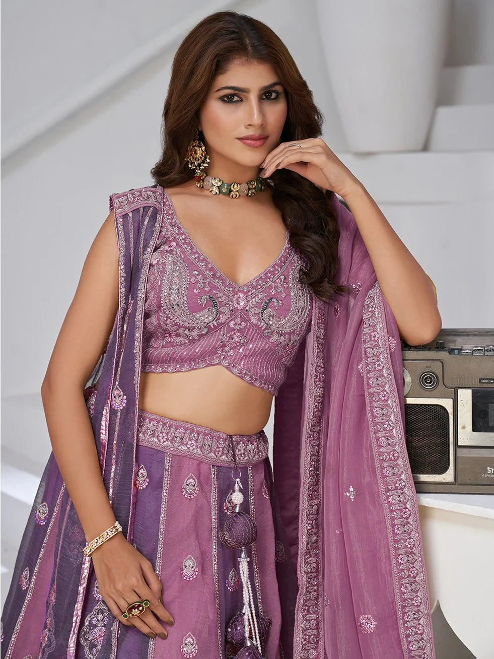 Dazzling Purple Thread Work Tissue Reception Wear Lehenga Choli With Dupatta