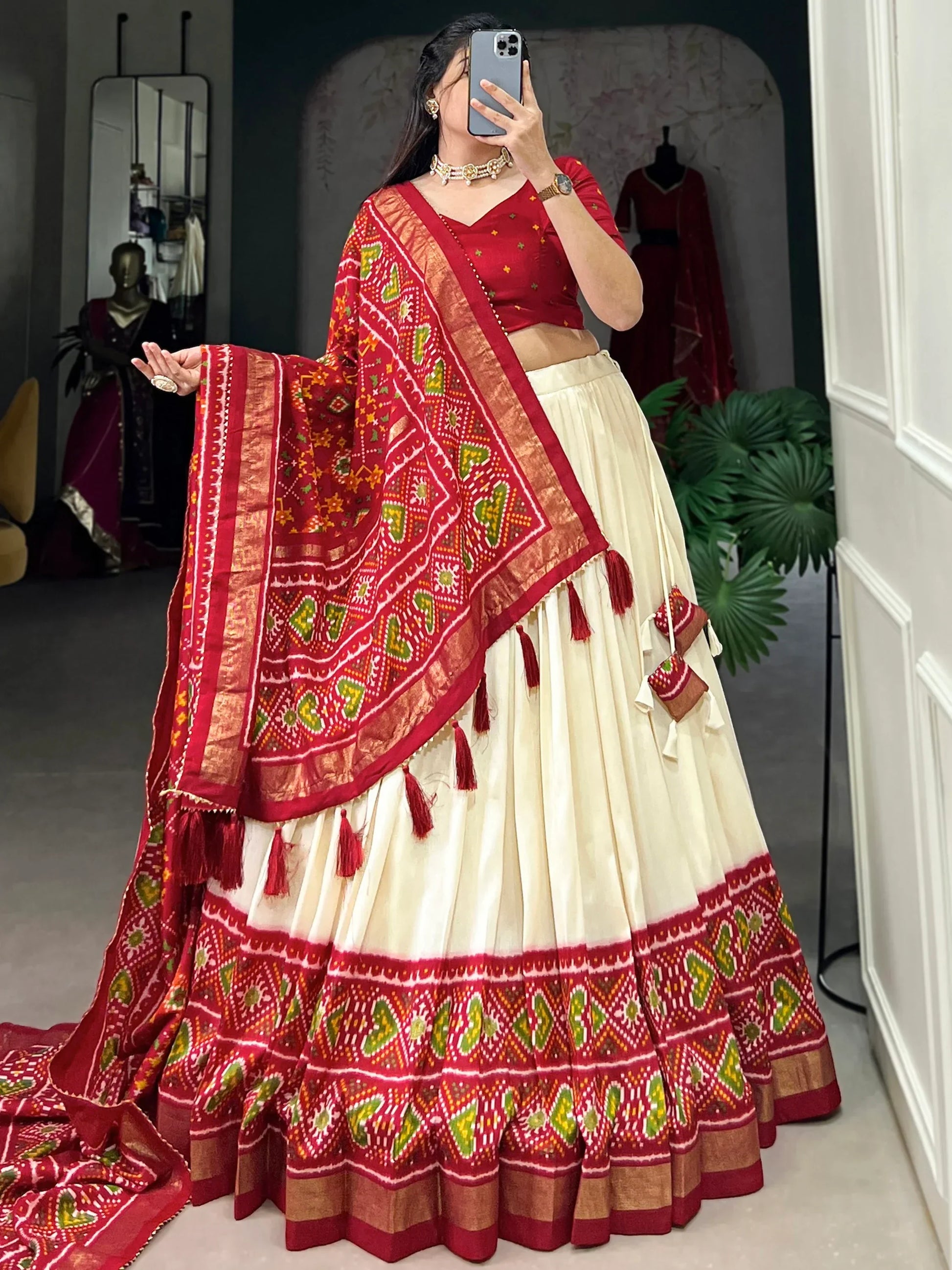 Dazzling Red Patola Printed Tussar Silk Festival Wear Lehenga Choli - Zeel Clothing