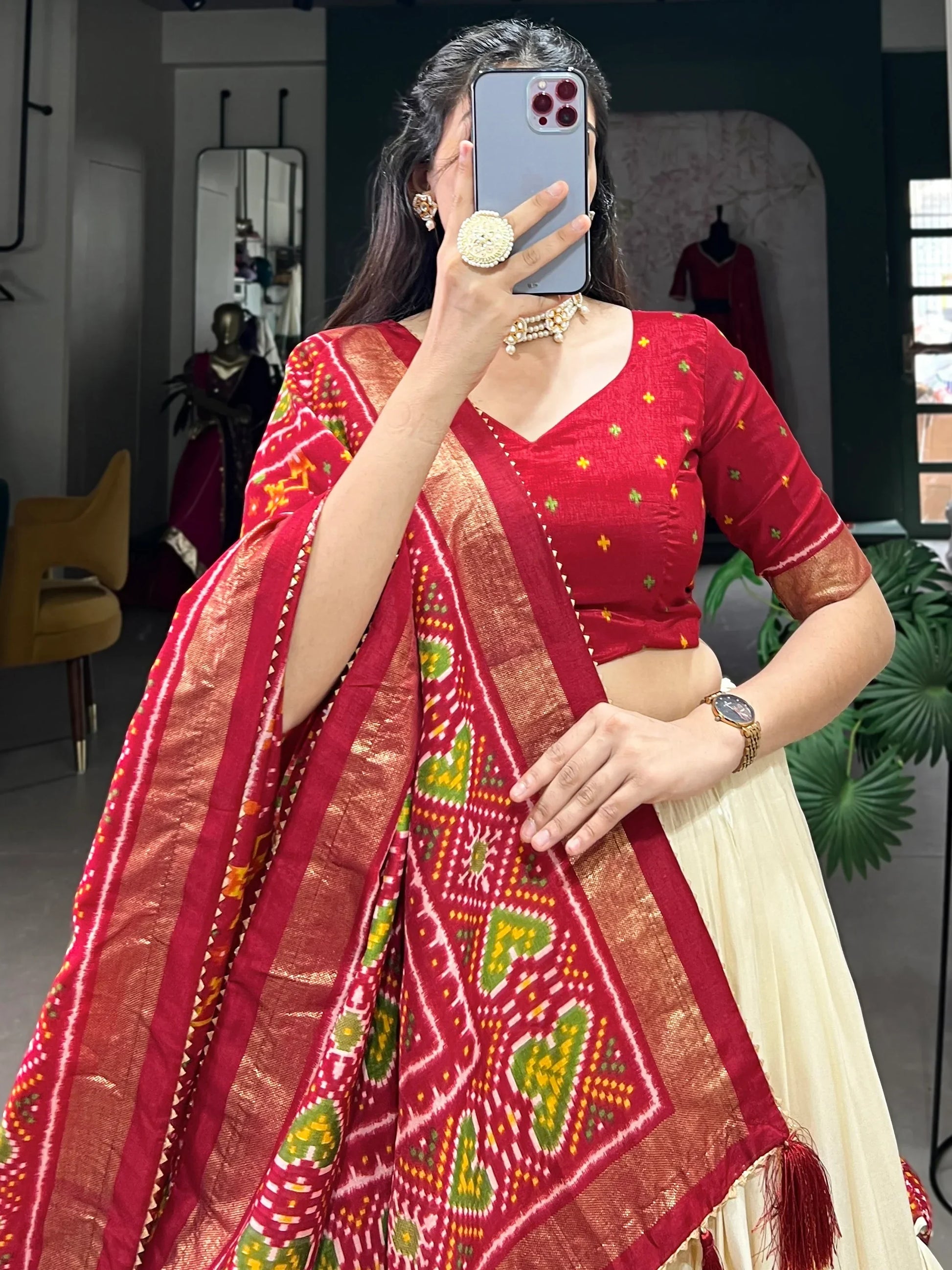 Dazzling Red Patola Printed Tussar Silk Festival Wear Lehenga Choli - Zeel Clothing