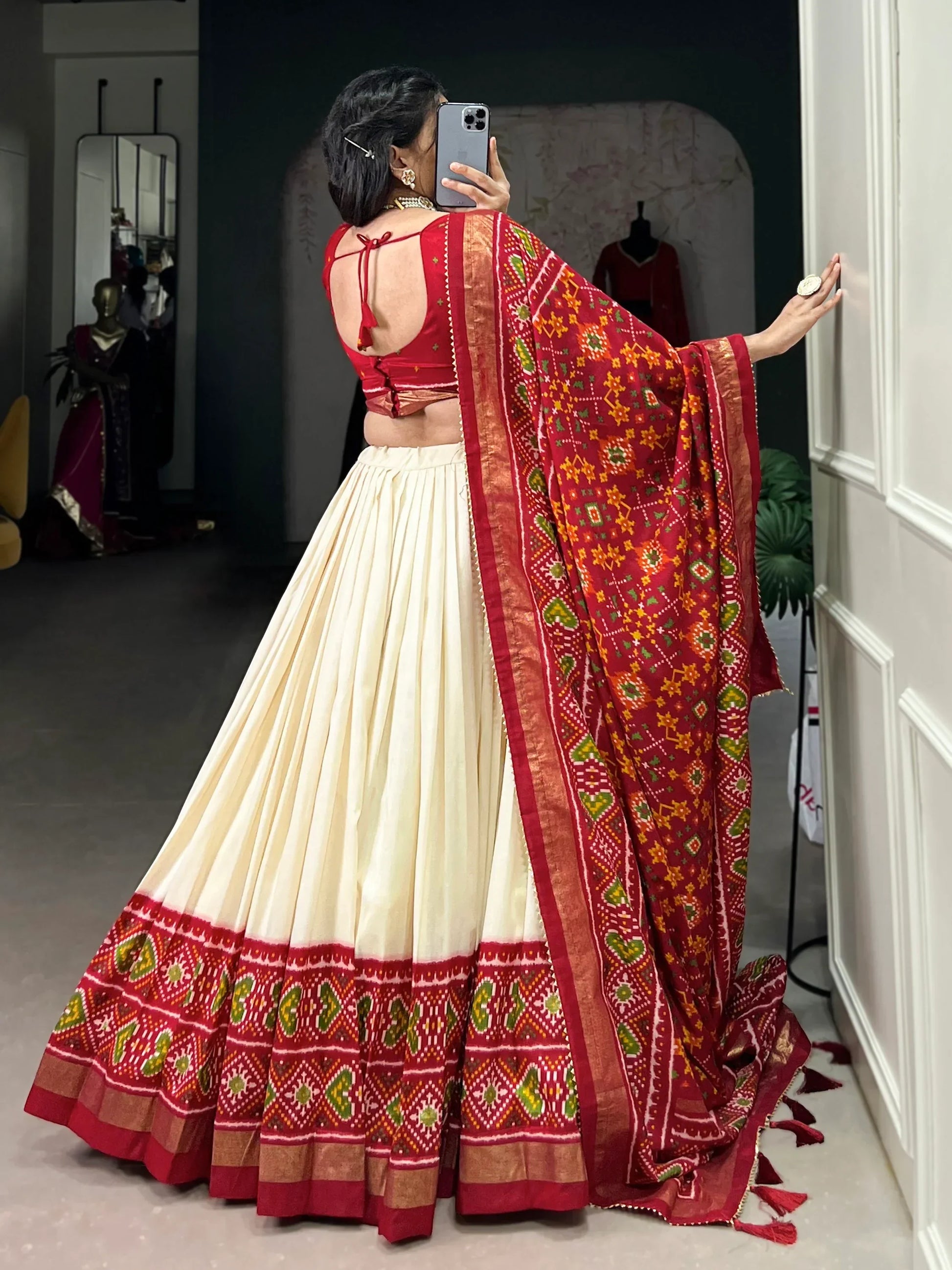 Dazzling Red Patola Printed Tussar Silk Festival Wear Lehenga Choli - Zeel Clothing