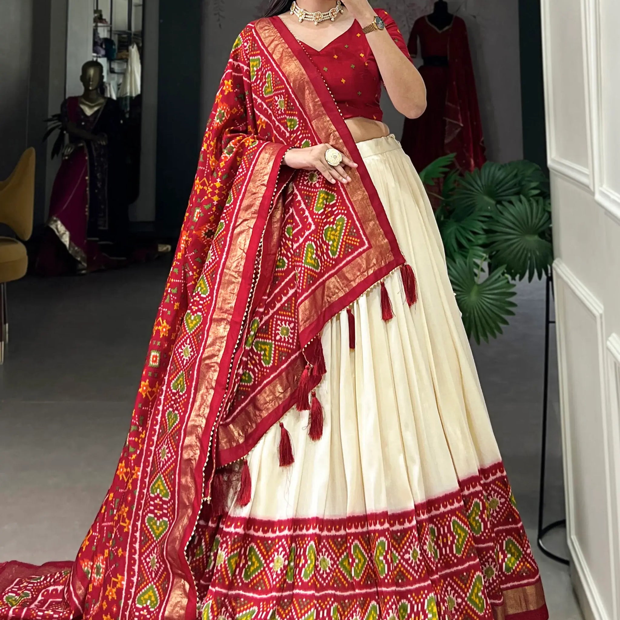 Dazzling Red Patola Printed Tussar Silk Festival Wear Lehenga Choli - Zeel Clothing