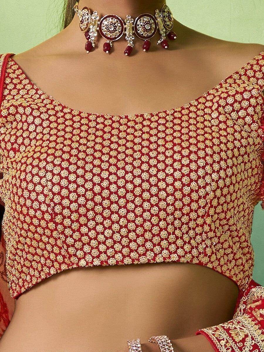 Dazzling Red Sequins Georgette Reception Wear Lehenga Choli With Dupatta - Zeel Clothing