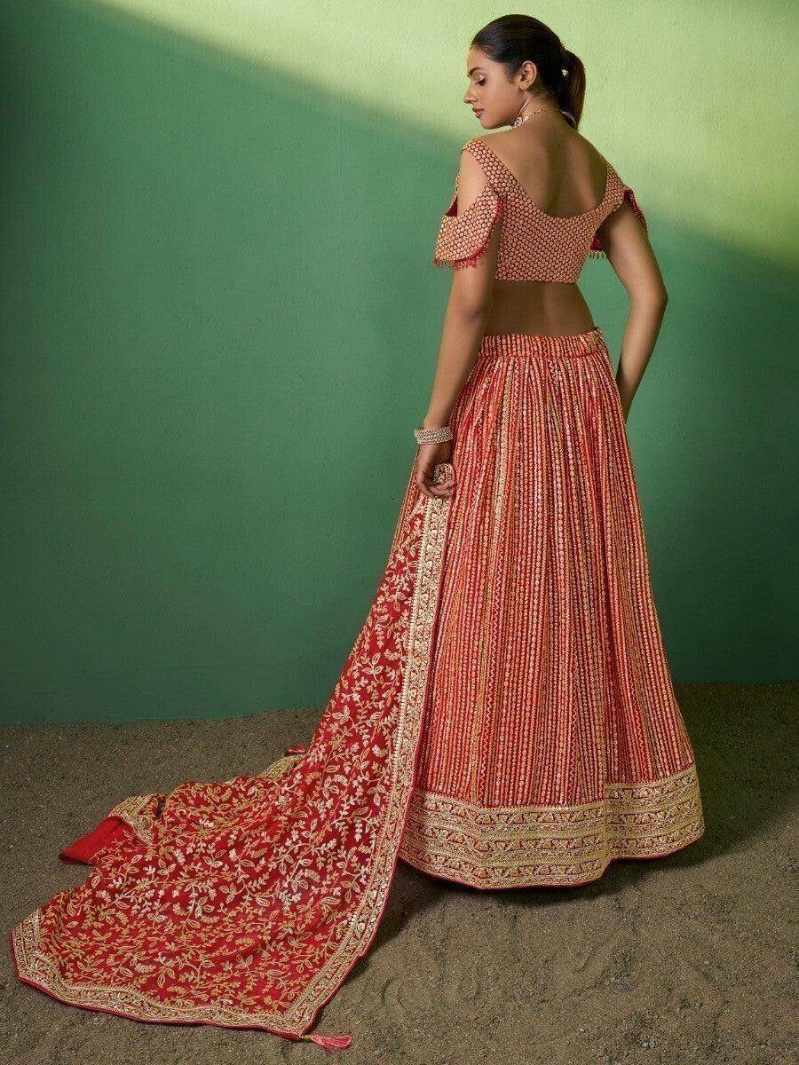 Dazzling Red Sequins Georgette Reception Wear Lehenga Choli With Dupatta - Zeel Clothing