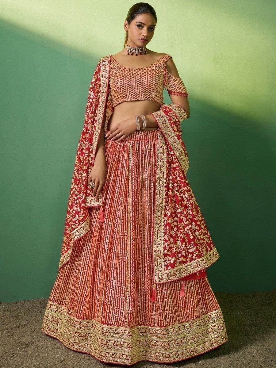 Dazzling Red Sequins Georgette Reception Wear Lehenga Choli With Dupatta - Zeel Clothing