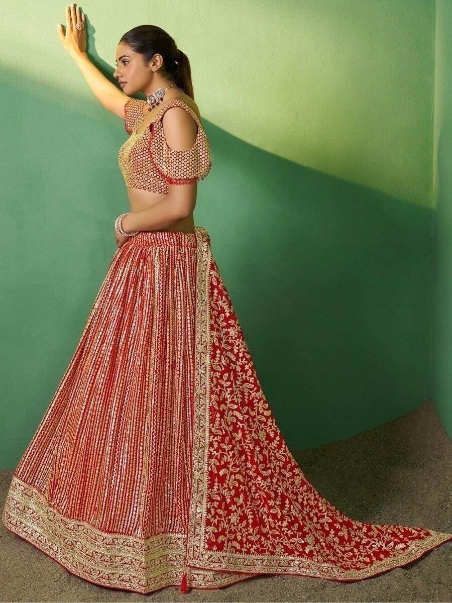 Dazzling Red Sequins Georgette Reception Wear Lehenga Choli With Dupatta - Zeel Clothing