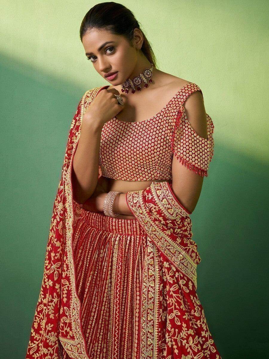 Dazzling Red Sequins Georgette Reception Wear Lehenga Choli With Dupatta - Zeel Clothing