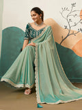 Dazzling Sea Green Embroidery Border Silk Evening Wear Saree With Blouse