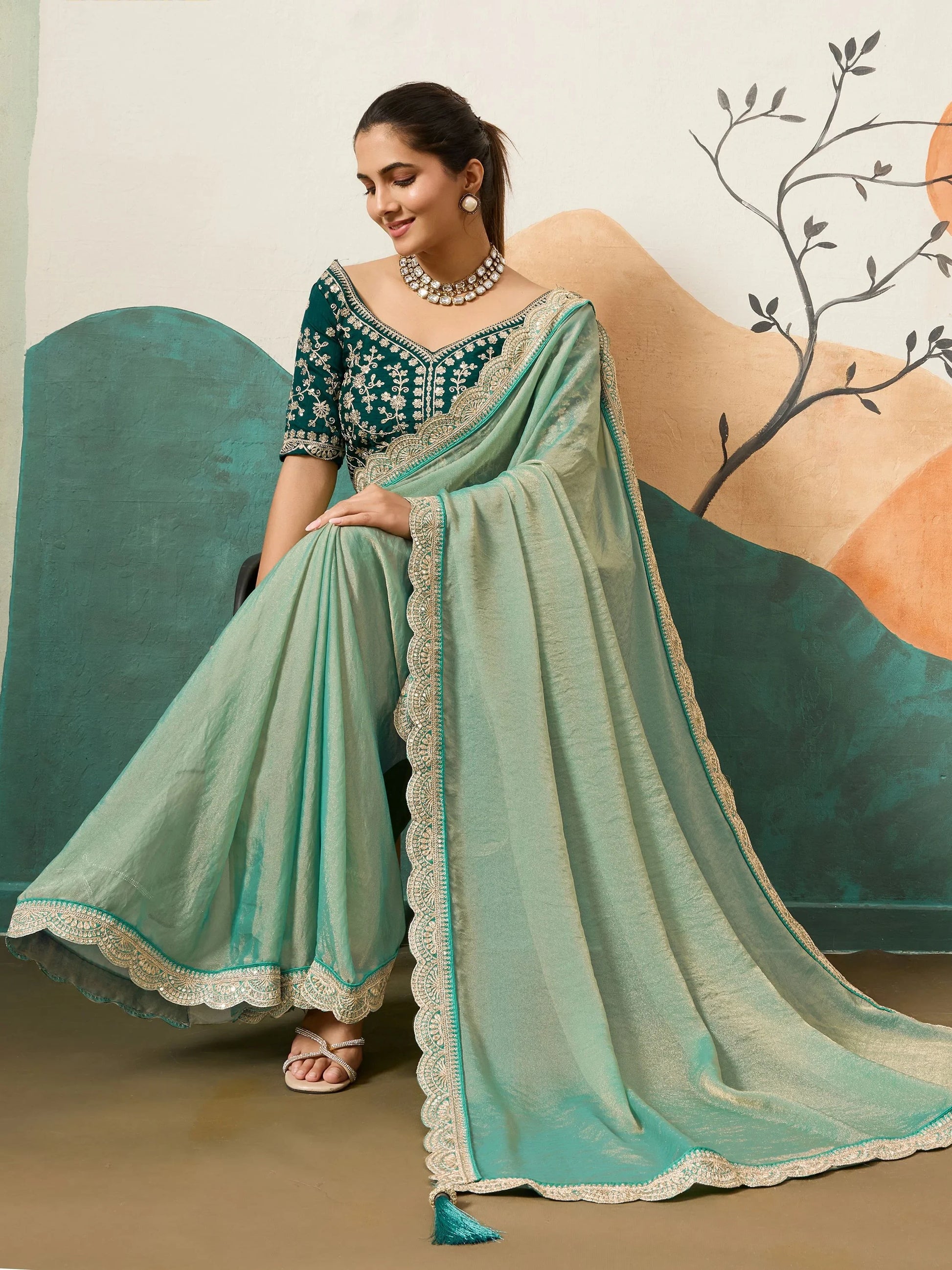 Dazzling Sea Green Embroidery Border Silk Evening Wear Saree With Blouse