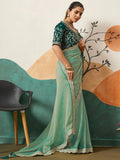 Dazzling Sea Green Embroidery Border Silk Evening Wear Saree With Blouse
