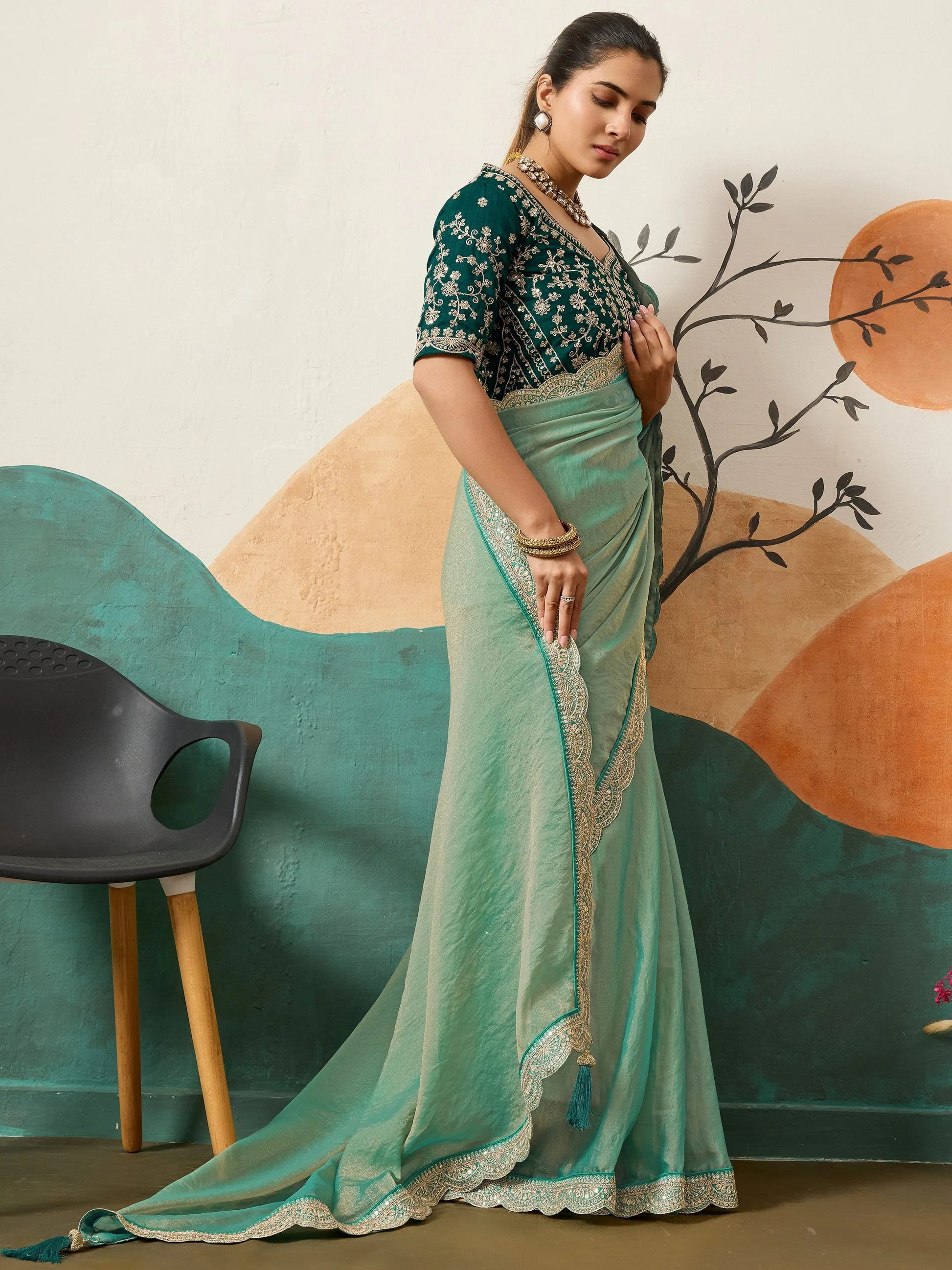 Dazzling Sea Green Embroidery Border Silk Evening Wear Saree With Blouse