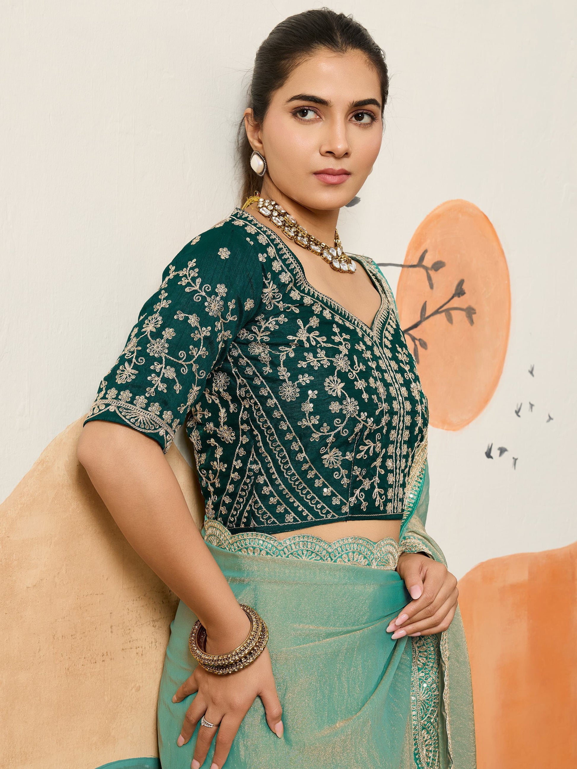 Dazzling Sea Green Embroidery Border Silk Evening Wear Saree With Blouse