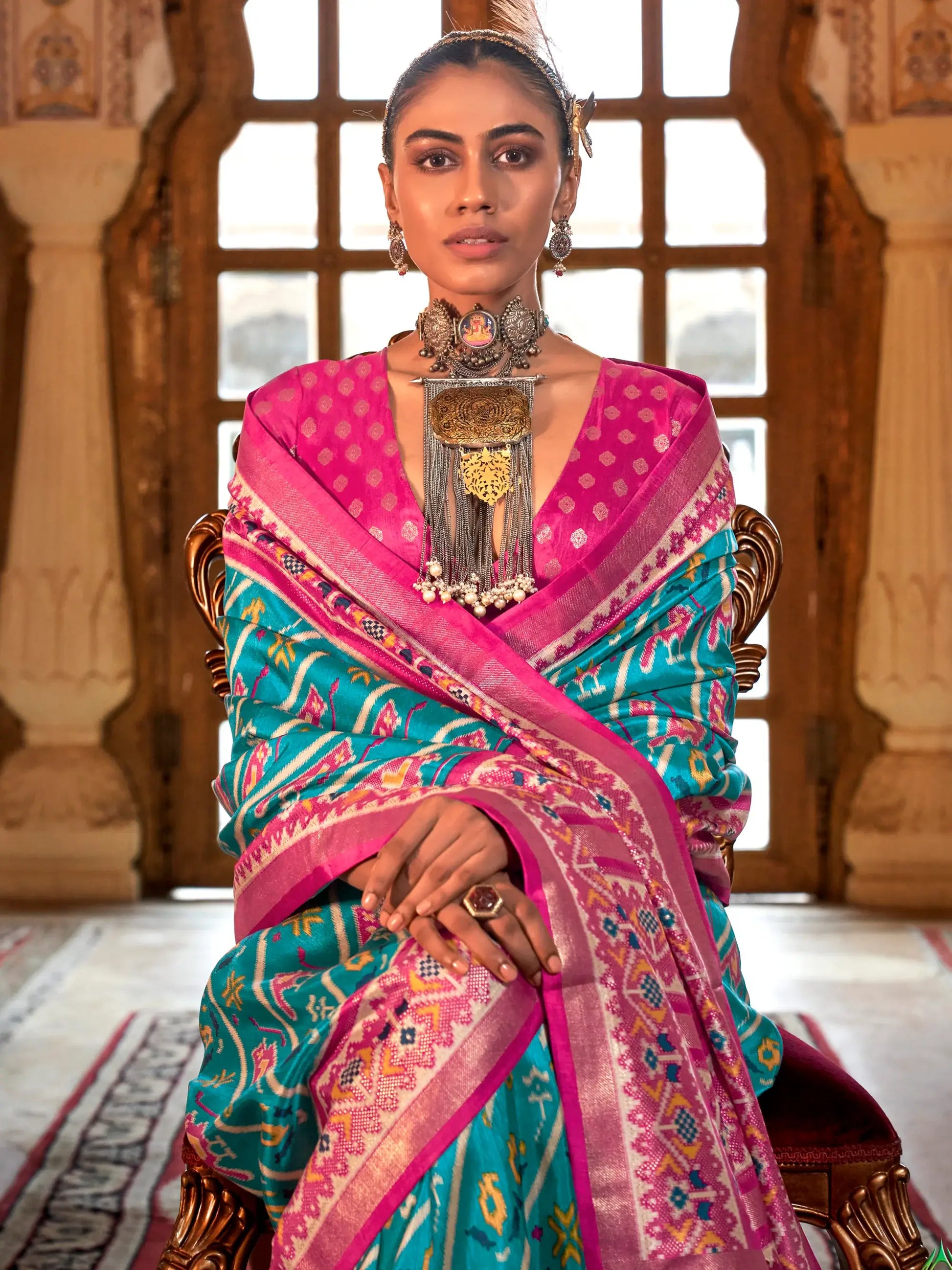 Dazzling Sky-Blue Patola Printed Silk Traditional Saree With Blouse - Zeel Clothing