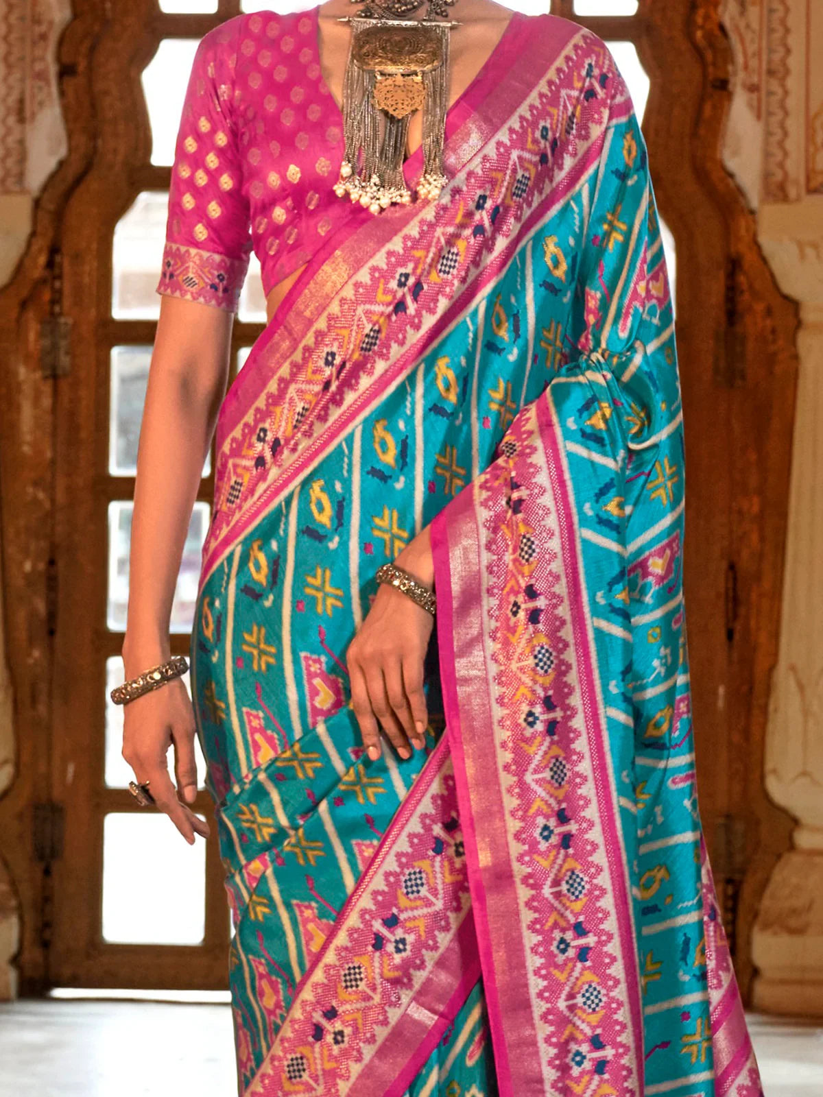 Dazzling Sky-Blue Patola Printed Silk Traditional Saree With Blouse - Zeel Clothing