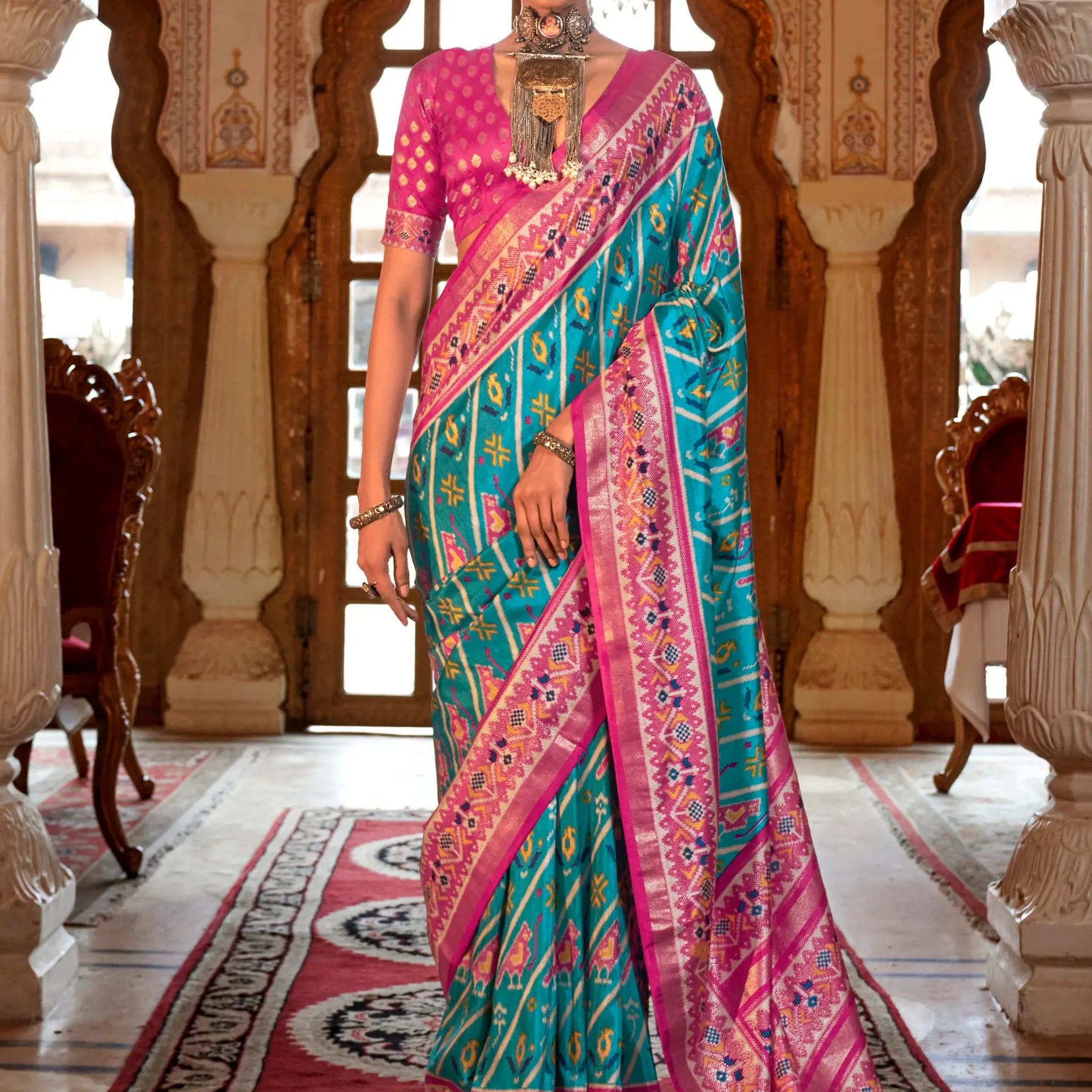 Dazzling Sky-Blue Patola Printed Silk Traditional Saree With Blouse - Zeel Clothing