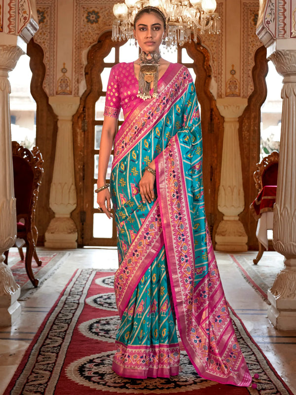 Dazzling Sky-Blue Patola Printed Silk Traditional Saree With Blouse - Zeel Clothing