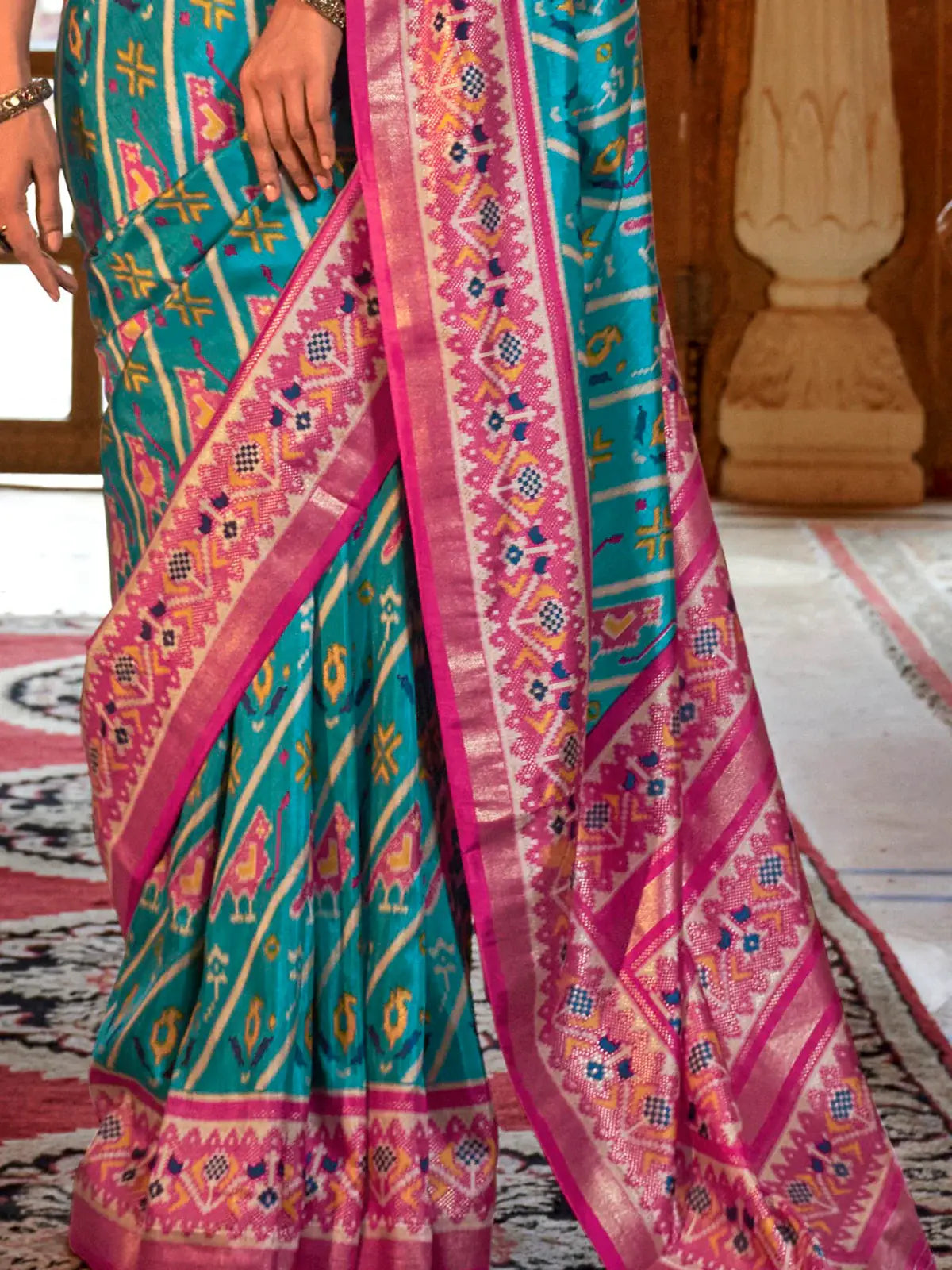Dazzling Sky-Blue Patola Printed Silk Traditional Saree With Blouse - Zeel Clothing