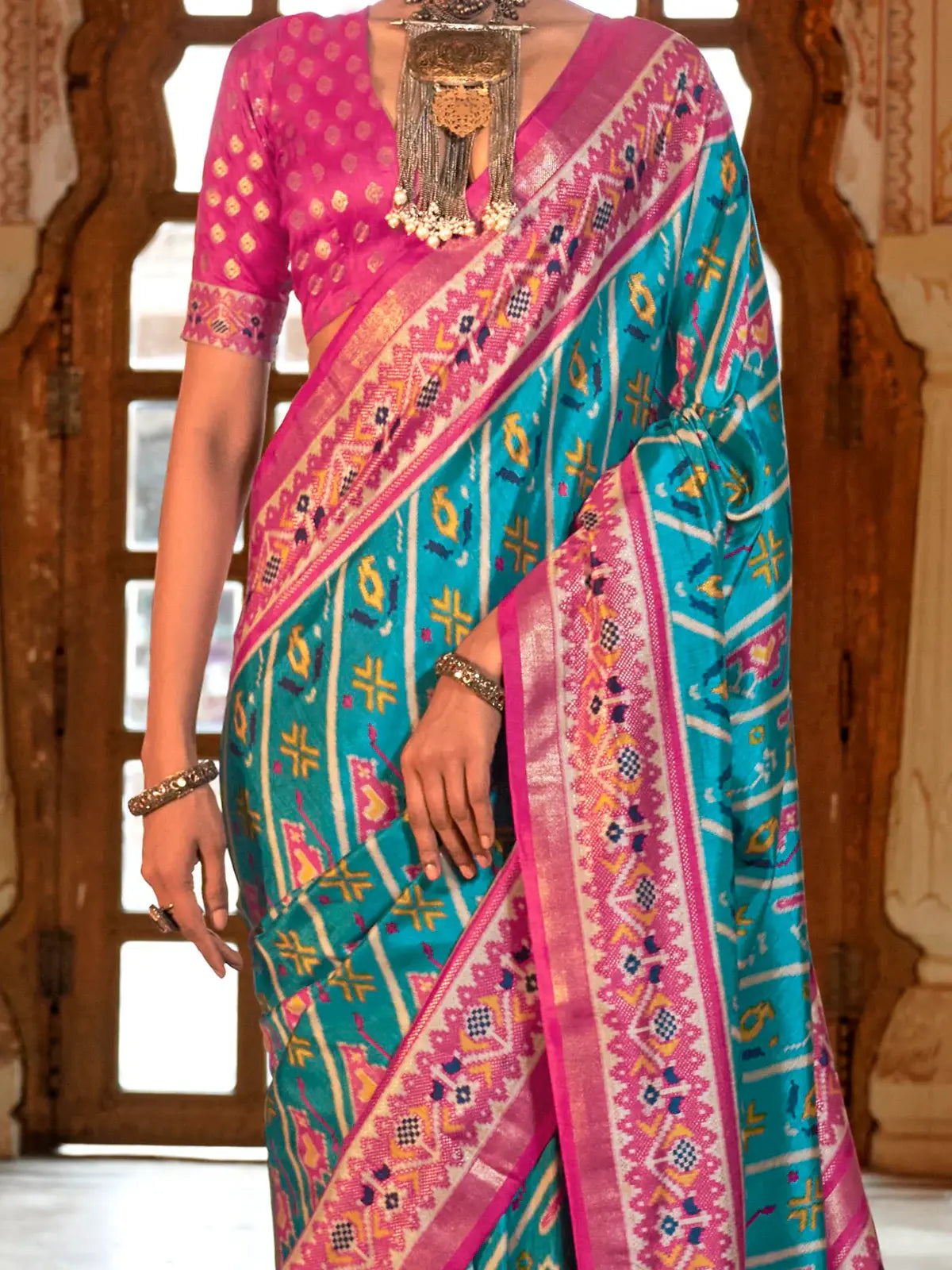Dazzling Sky-Blue Patola Printed Silk Traditional Saree With Blouse - Zeel Clothing