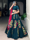 Dazzling Teal Blue Foil Work Tussar Silk Lehenga Choli With Dupatta - Zeel Clothing